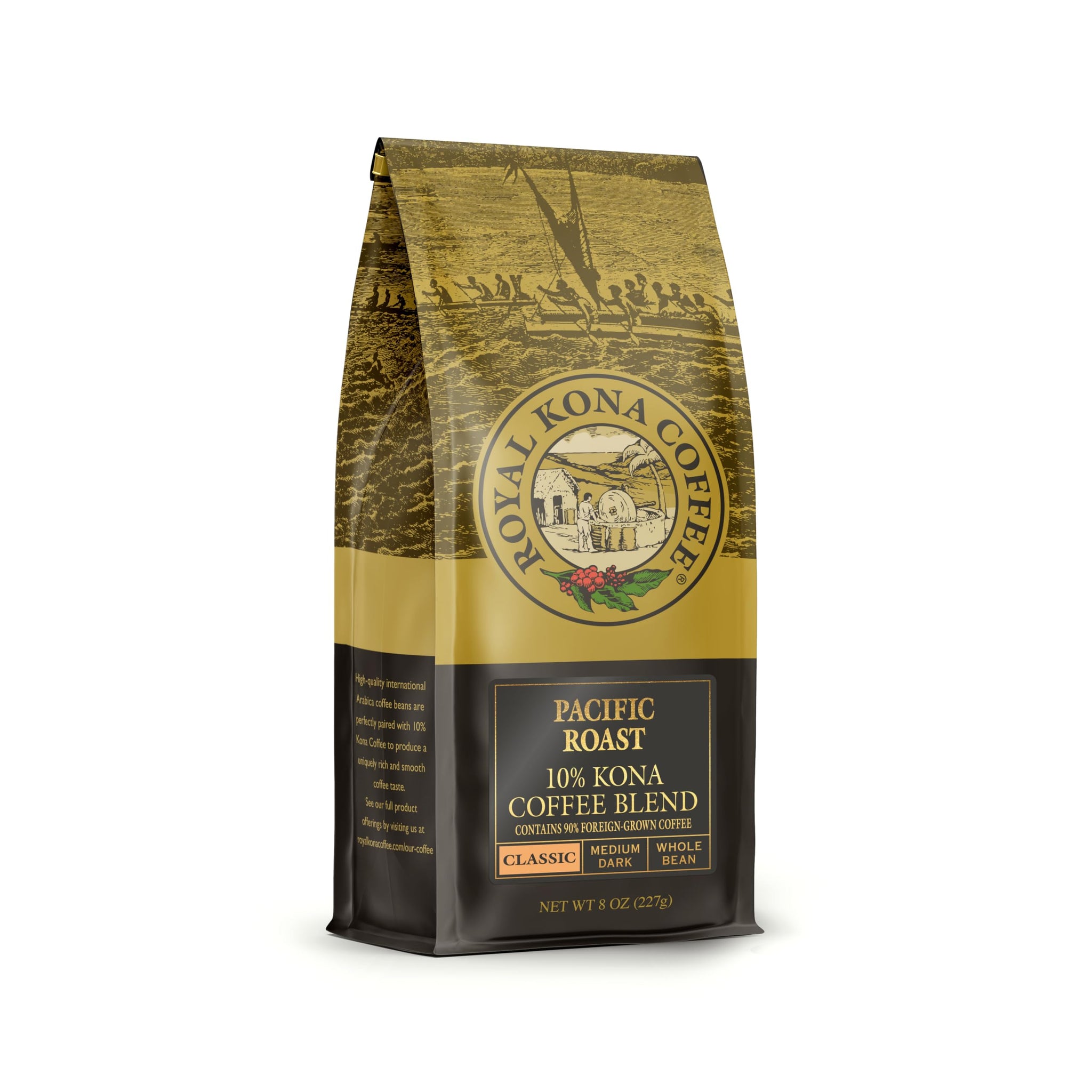 Royal Kona 10% Kona Coffee Blend Whole Bean, Classic Pacific Medium-Dark Roast, Smooth Bold Hawaiian Coffee Beans, Rich Full-Bodied Flavor, 8 oz