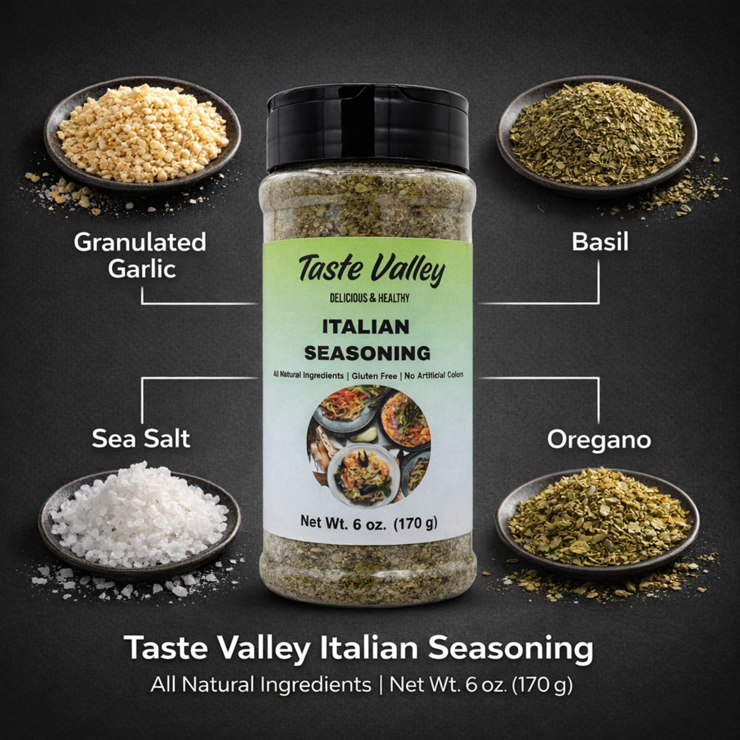 Taste Valley Italian Seasoning Blend 6 oz - Gluten Free Dried Herb Mix with Garlic Basil Oregano Rosemary Thyme - For Pasta Pizza Chicken Vegetables