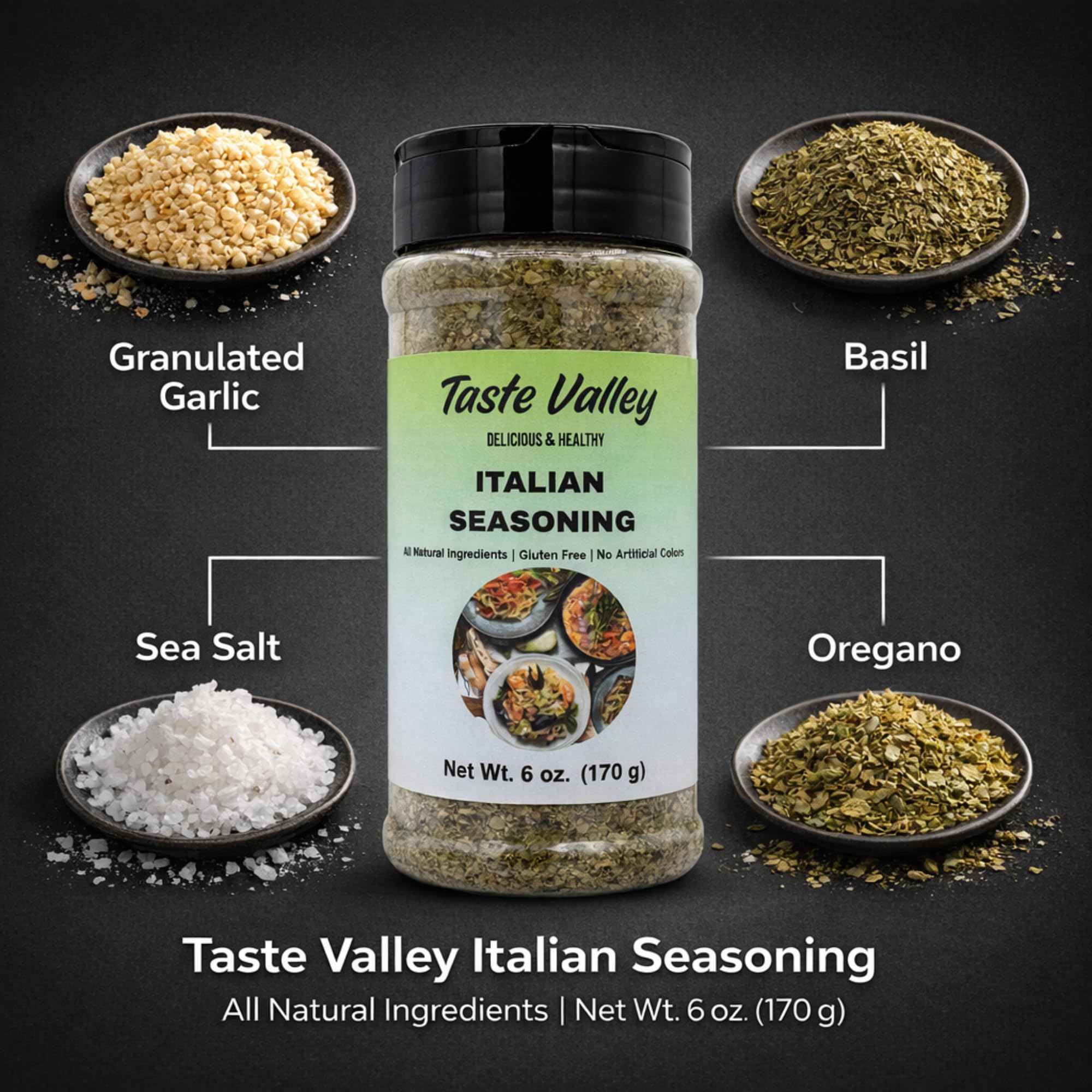 Taste Valley Italian Seasoning Blend 6 oz - Gluten Free Dried Herb Mix with Garlic Basil Oregano Rosemary Thyme - For Pasta Pizza Chicken Vegetables