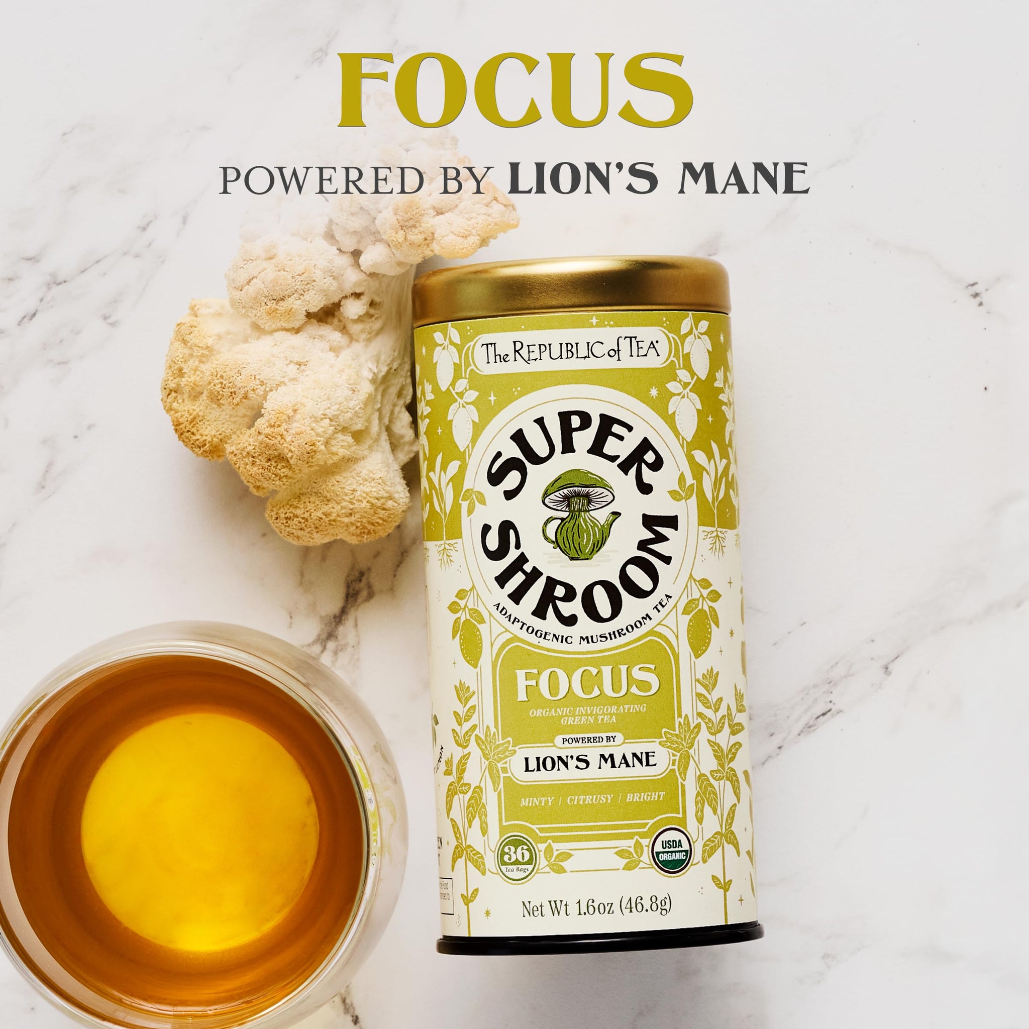 The Republic of Tea SuperShroom Focus Lion’s Mane Green Tea, Organic Peppermint and Lemon Blend, Naturally Caffeinated, Unbleached Tea Bags in