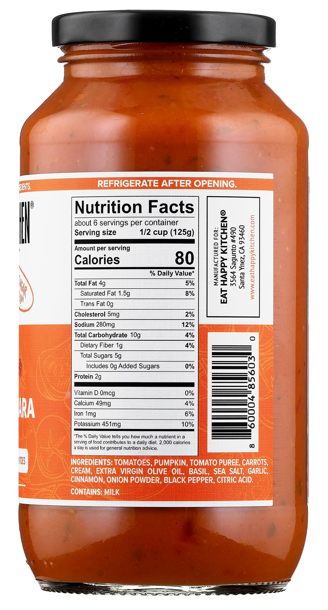 Eat Happy Kitchen Pumpkin Marinara Sauce - Made with Premium California Tomatoes & Pumpkin - No Sugar Added, No Seed Oils, No Fillers, Gluten Free, 25