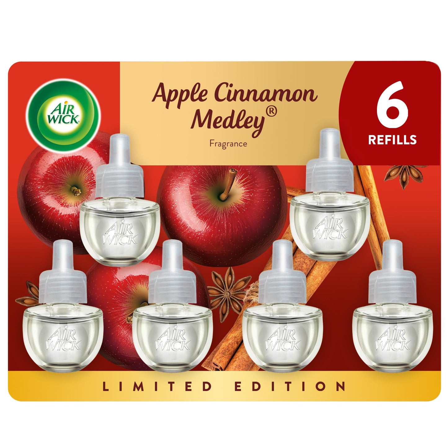 Air Wick Plug-In Scented Oil Refills, 6 Count, Apple Cinnamon Medley, Air Freshener, Essential Oils