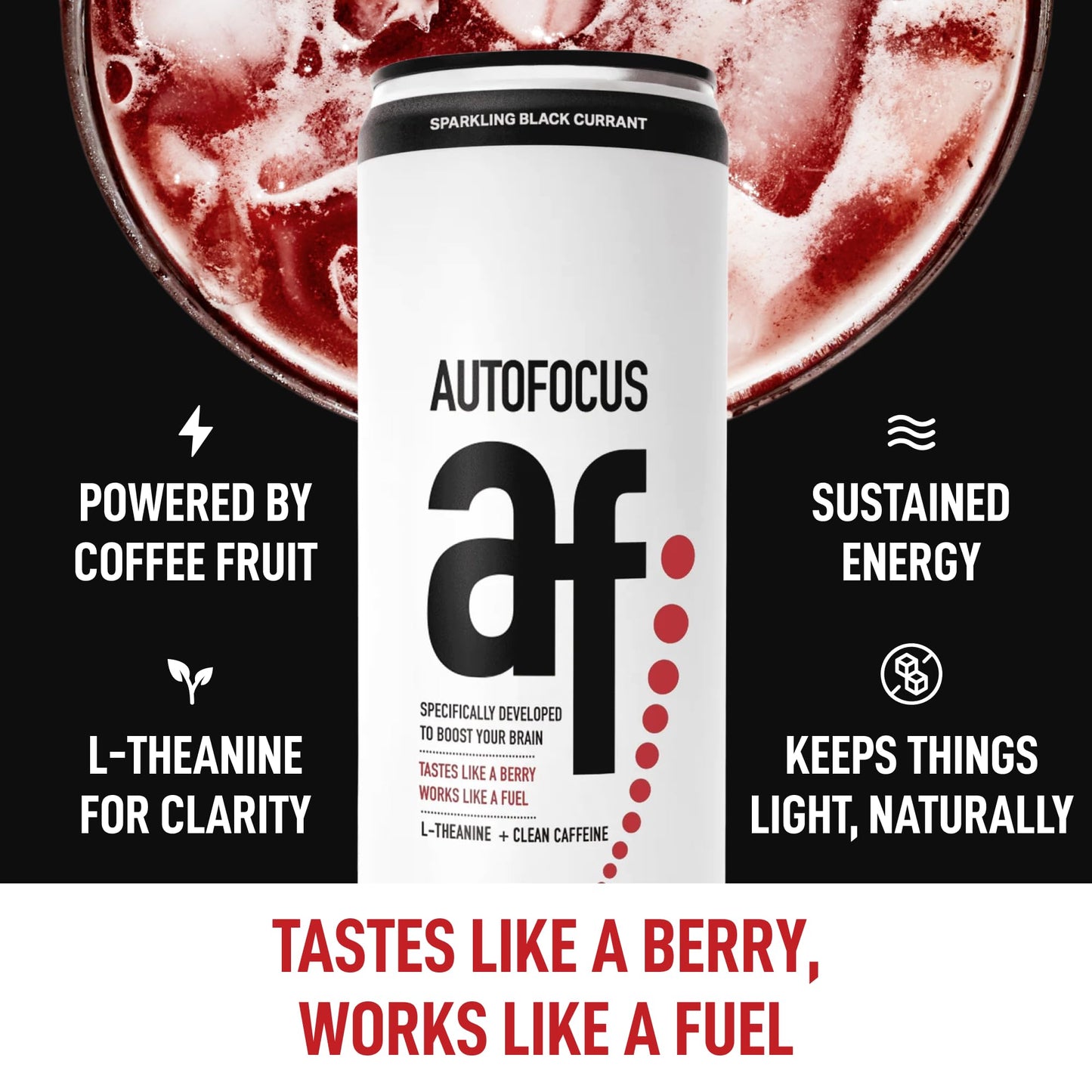 AUTOFOCUS Sparkling Energy Drink - Sparkling Focus Drink with Coffee Fruit & L-Theanine - Clean Caffeine Brain Booster - No Added Sugar Sparkling