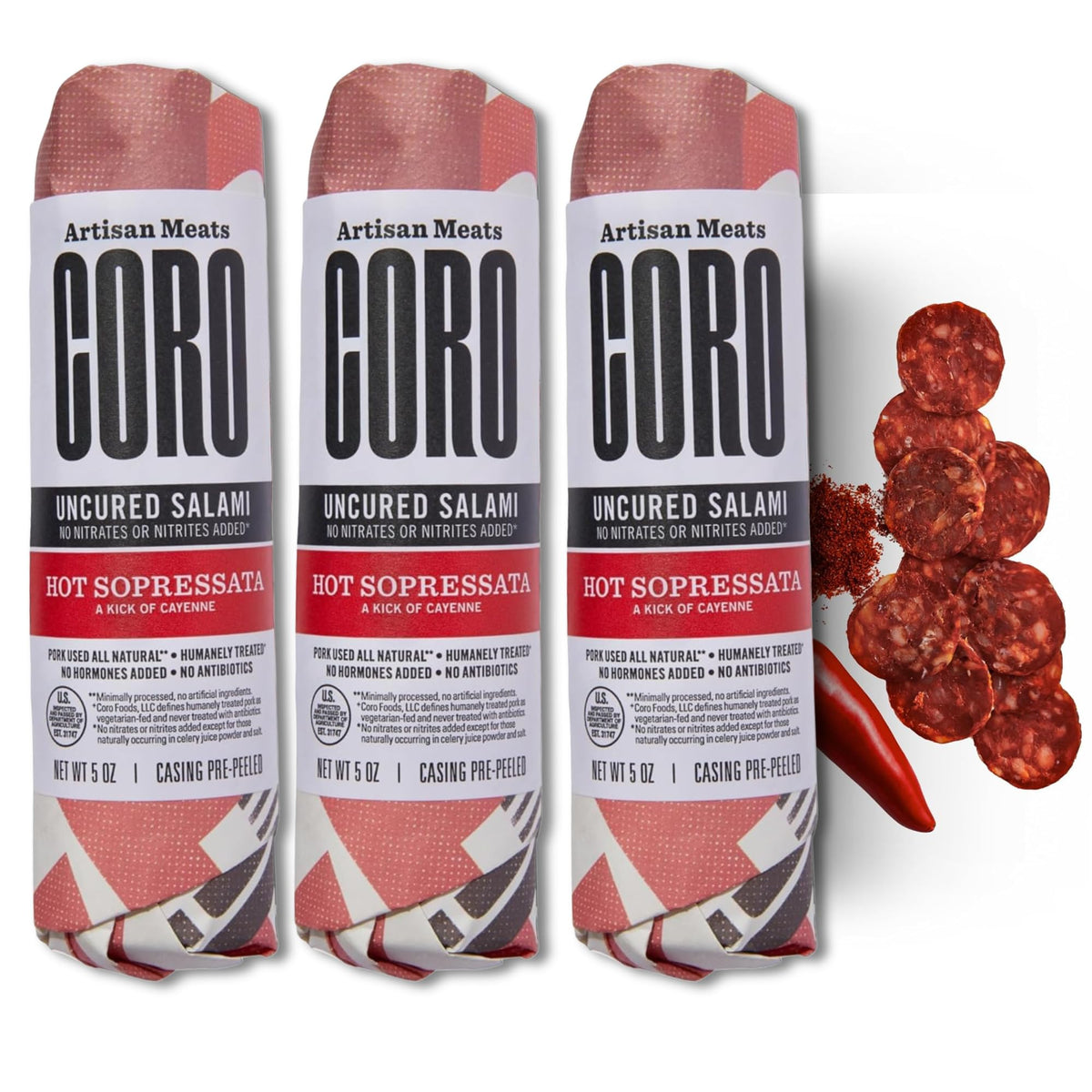 Coro Uncured Hot Sopressata Artisan Salami Sticks - 5oz (Pack of 3)