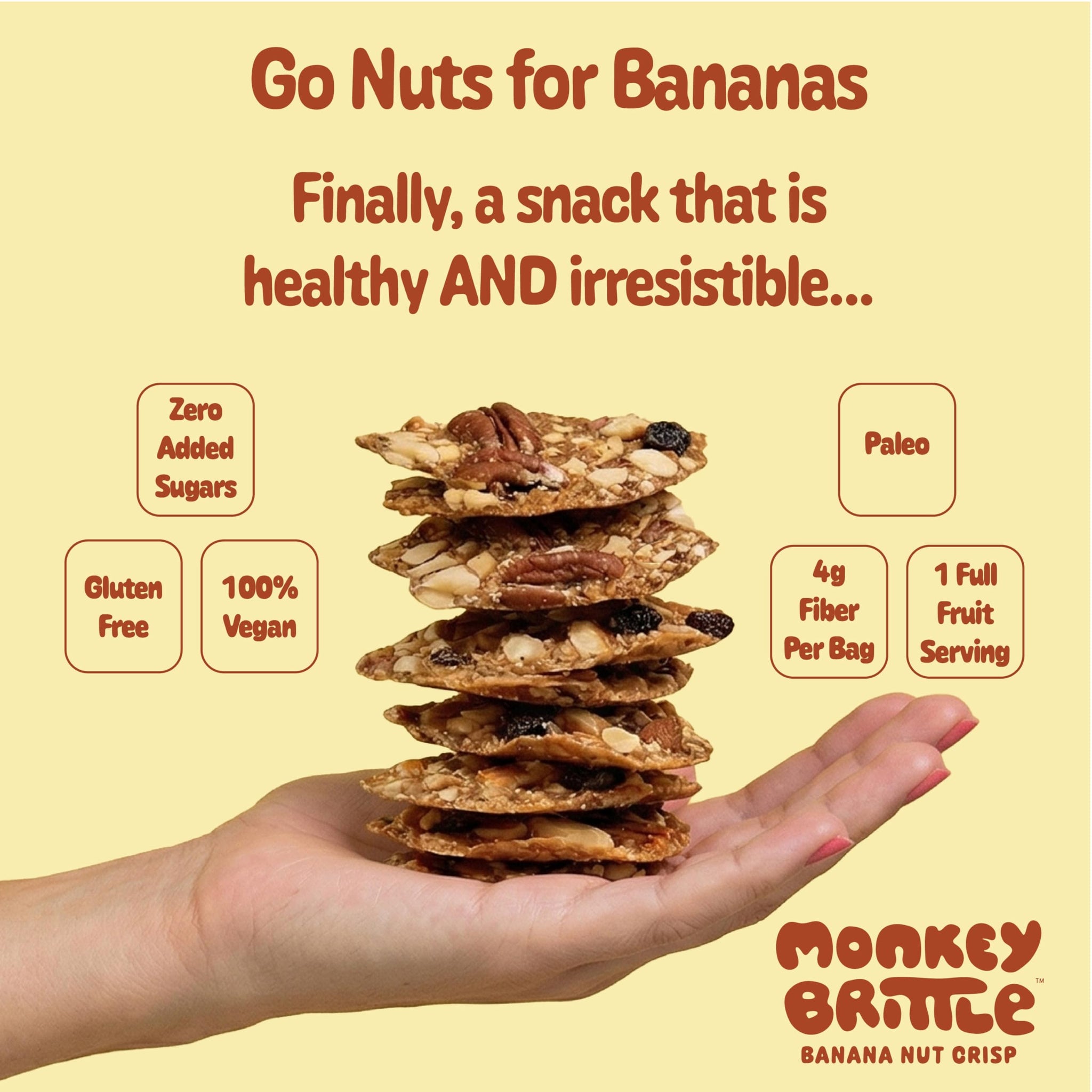Monkey Brittle Healthy Snacks, Crispy Plant-Based Treats for Kids & Adults, Vegan & Gluten-Free, All-Natural Snack for School, Sports, Camping