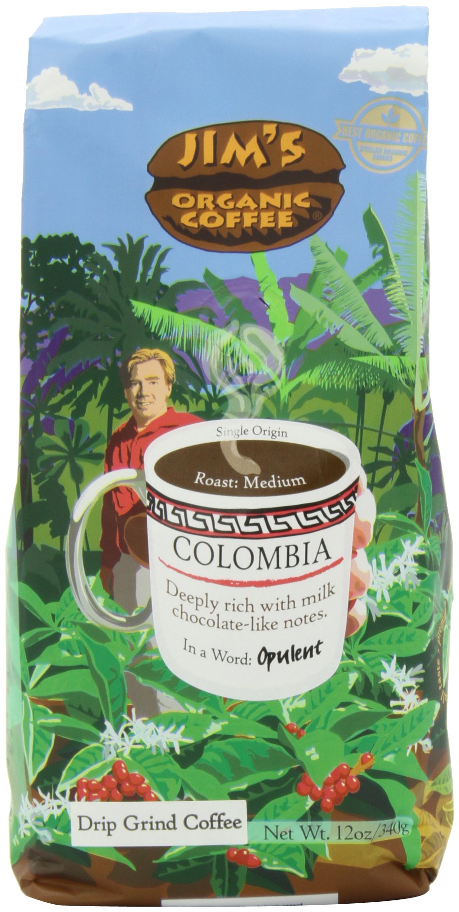 Jim's Organic Coffee Colombian Ground Coffee, 12-Ounce