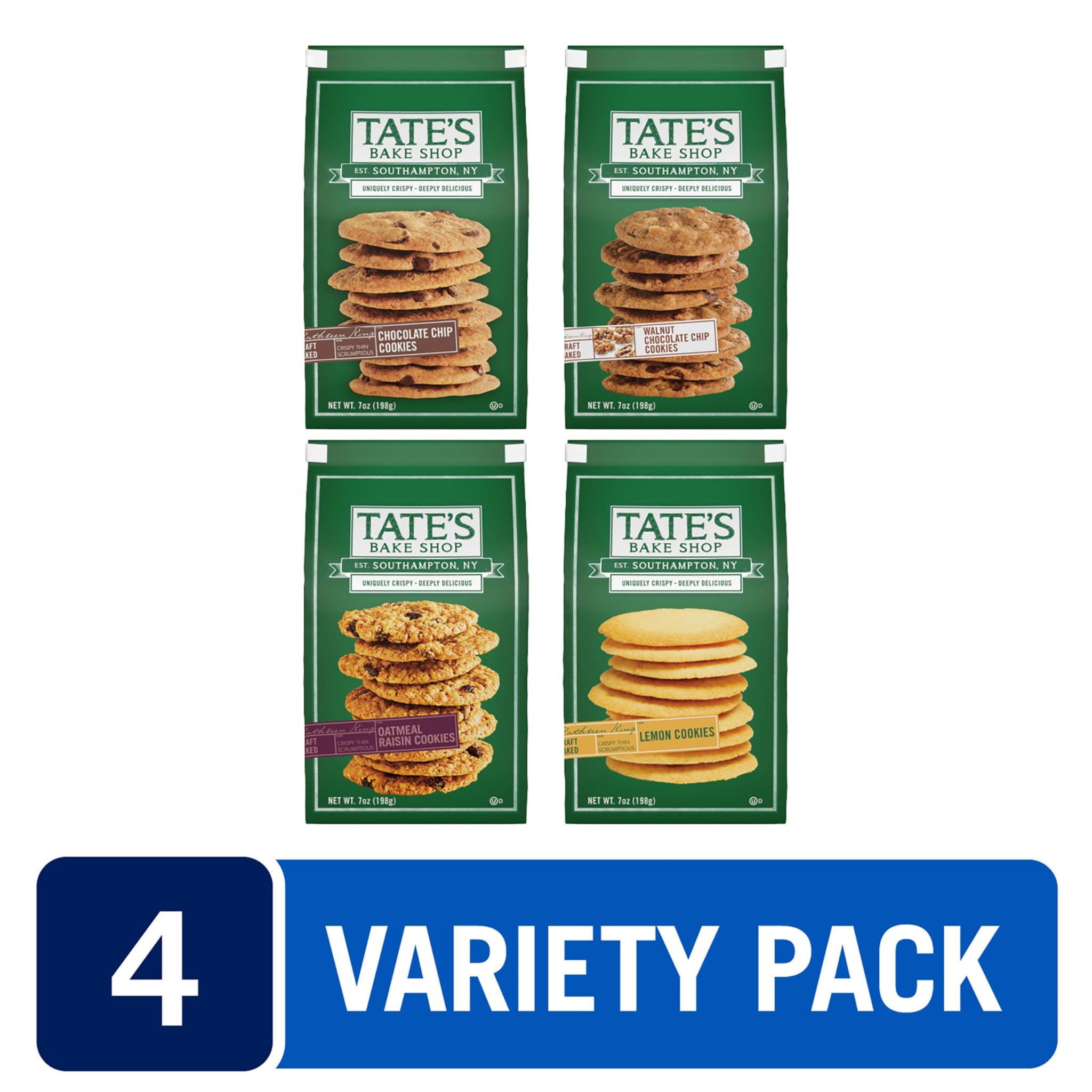 Tate's Bake Shop Cookies Variety Pack, Oatmeal Raisin Cookies, Chocolate Chip Cookies, Lemon Cookies & Chocolate Chip Walnut Cookies, 4 - 7 oz Bags