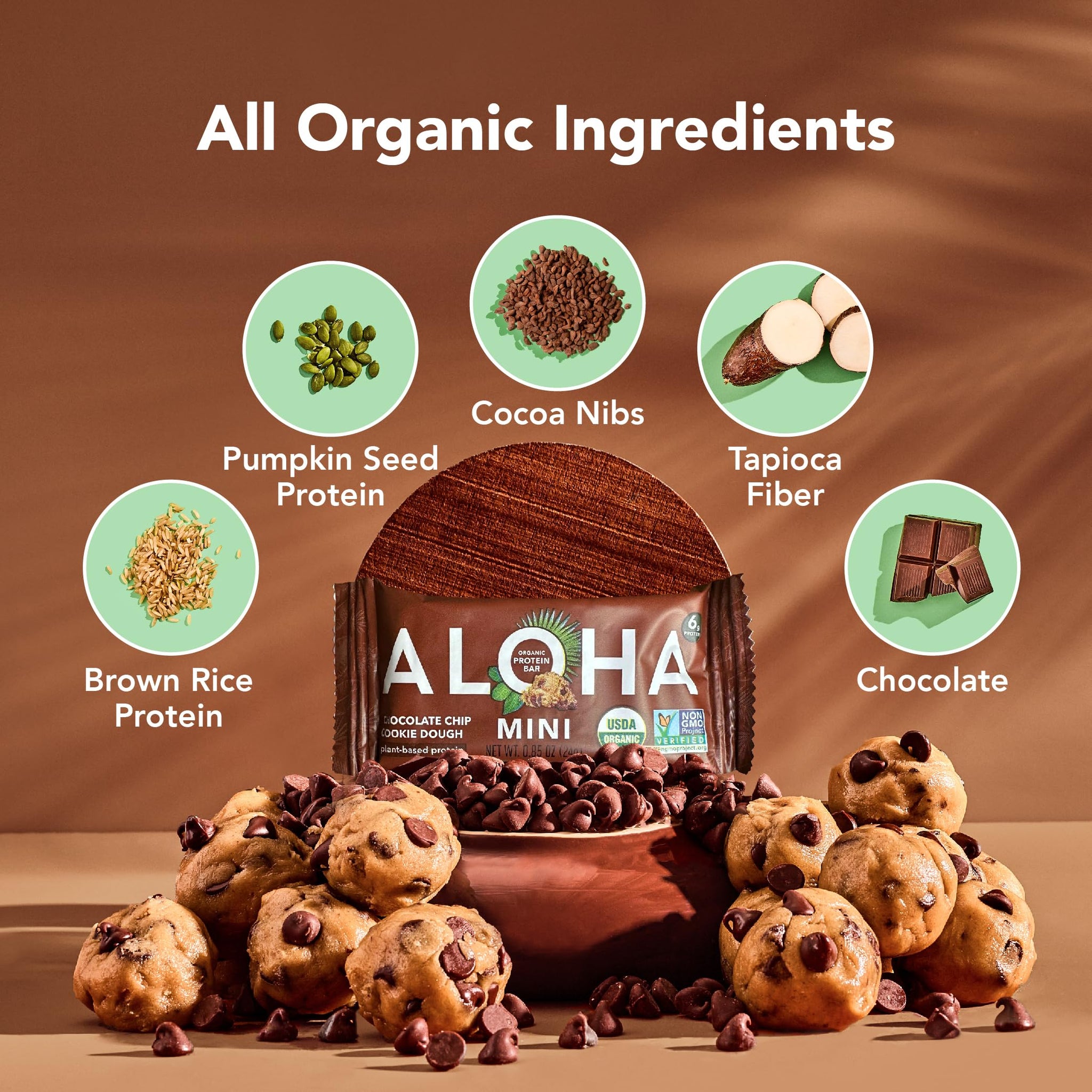 ALOHA Organic Plant Based Protein Bar MINIS |Chocolate Chip Cookie Dough| 20 Count, 24g Bars | Vegan, Low Sugar, Gluten Free, Paleo, Low Carb