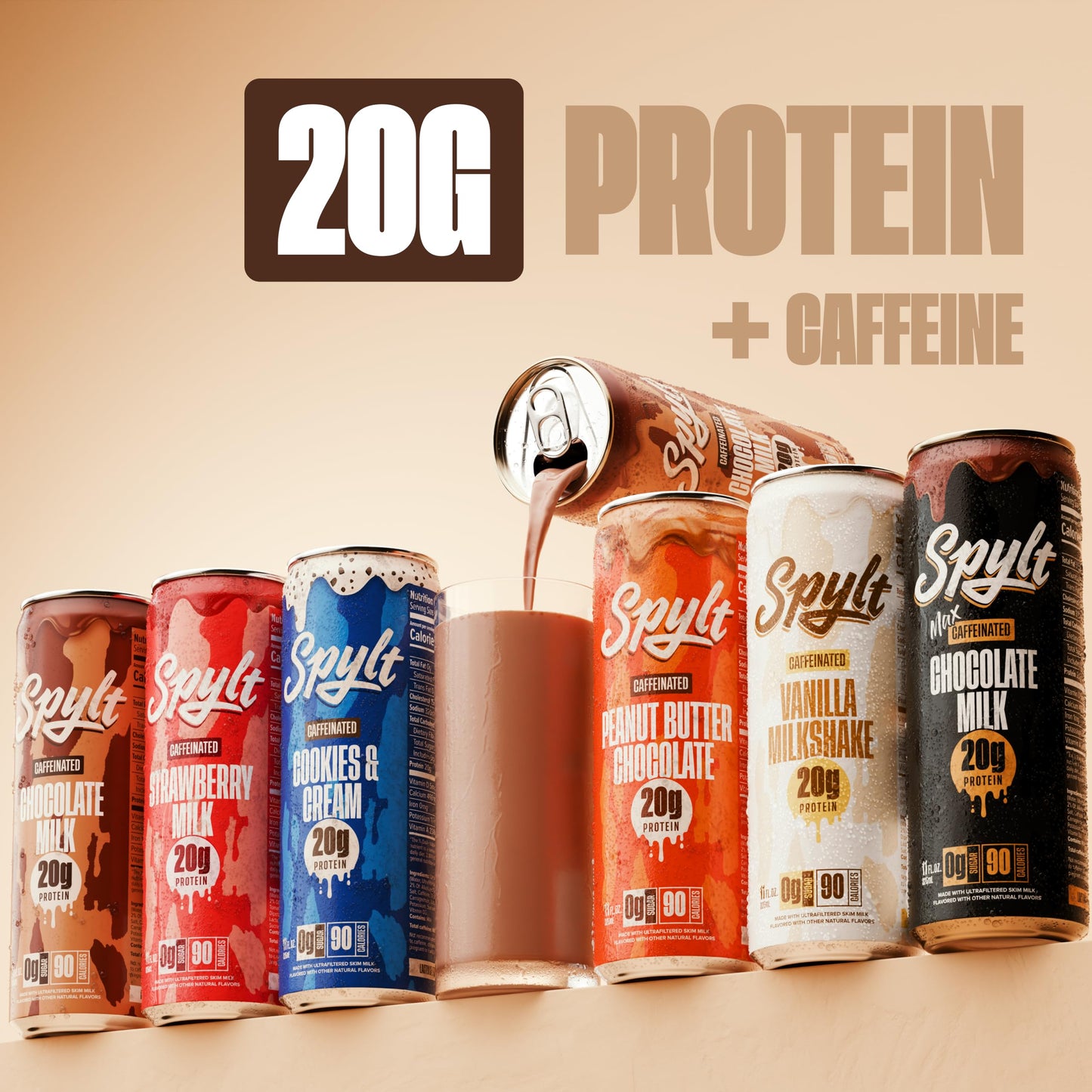 Spylt High Protein Milk - 6 Flavor Variety Pack with 60mg Caffeine & 20g Protein - 90 Calories, Ready to Drink, Sugar Free, Lactose Free Milk, Perfect
