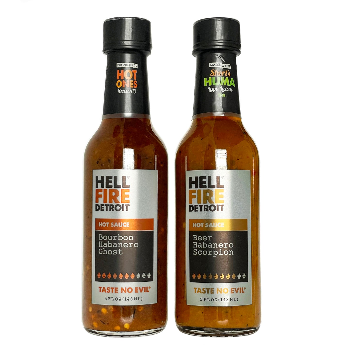 Hell Fire Detroit Bourbon & Beer Combo (Extra hot) Hot Sauce, Crafted with Fresh, Fire-Roasted Chile Peppers, All-Natural, Vegan, Gluten-Free, Low