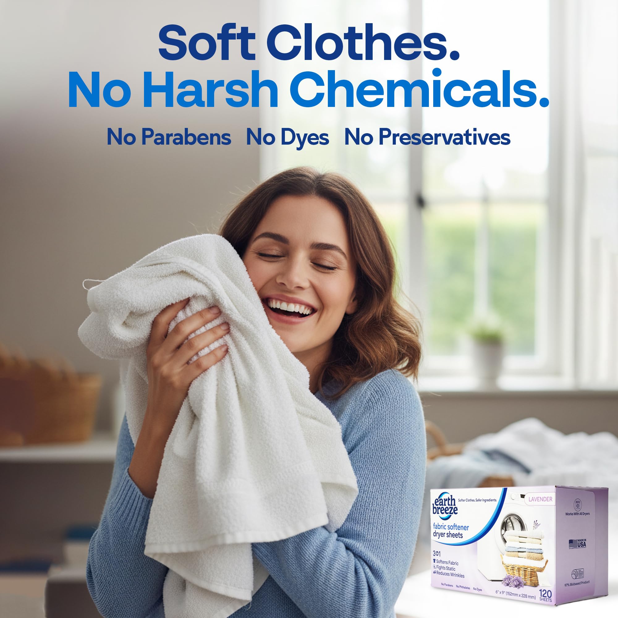 Earth Breeze Fabric Softener Dryer Sheets - Lavender, Hypoallergenic, No Harsh Chemicals, Safe Ingredients - Soft Clothes - Static Cling & Wrinkle