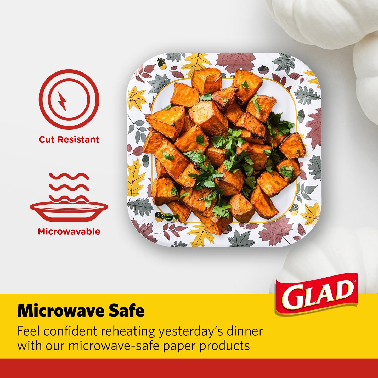 Glad Square Disposable Paper Plates, Falling Foliage Autumn Leaf Pattern - Soak Proof, Microwave Safe, Cut-Resistant Seasonal Dinner Plates for Fall