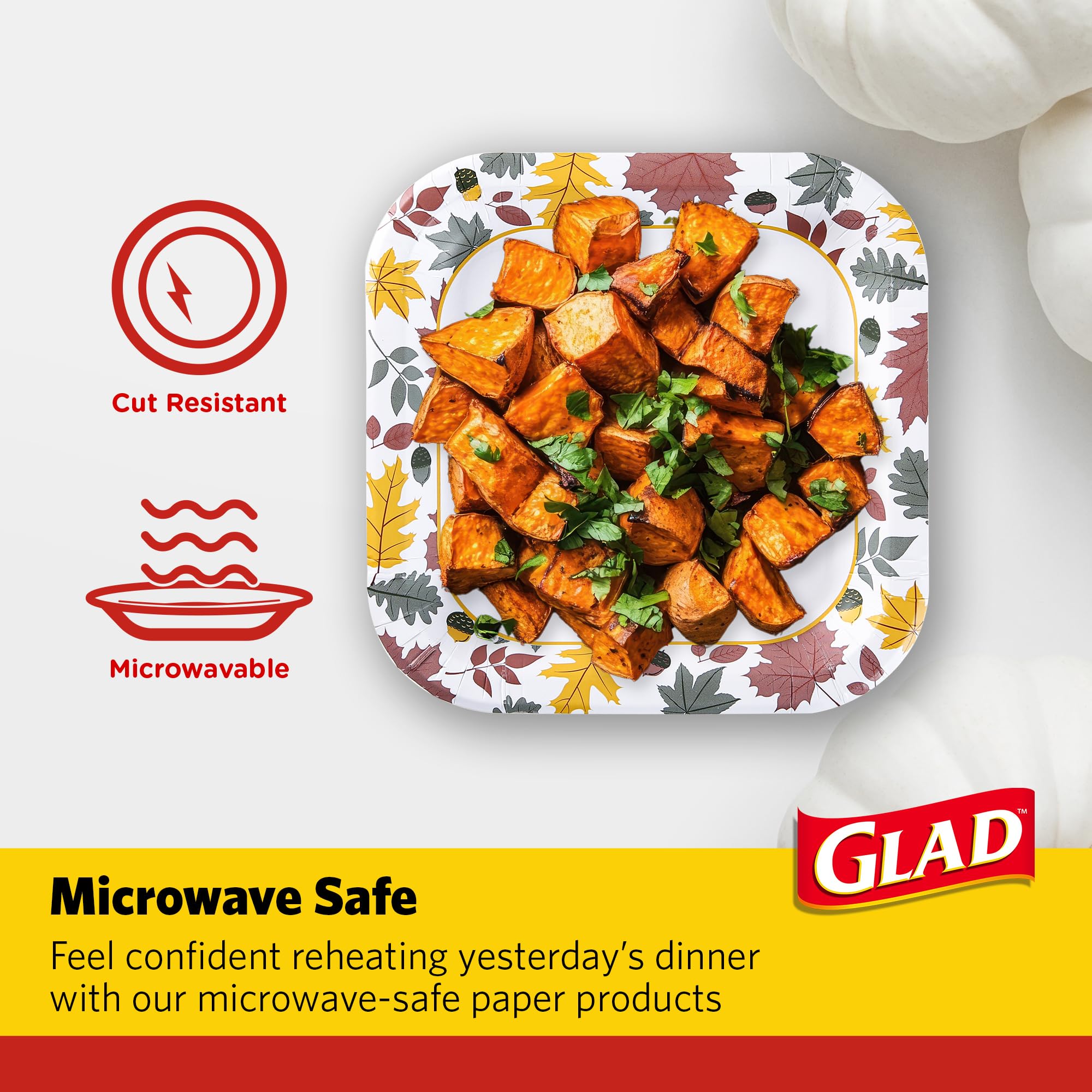 Glad Square Disposable Paper Plates, Falling Foliage Autumn Leaf Pattern - Soak Proof, Microwave Safe, Cut-Resistant Seasonal Dinner Plates for Fall