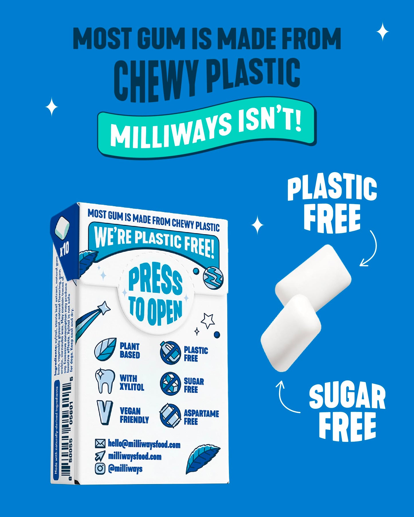 Milliways Mighty Mint | Plastic Free Gum | Xylitol, Aspartame-Free, Sugar-Free, Plant-Based, Natural Chewing Gum | 120 Pieces Total (12 Packs of 10