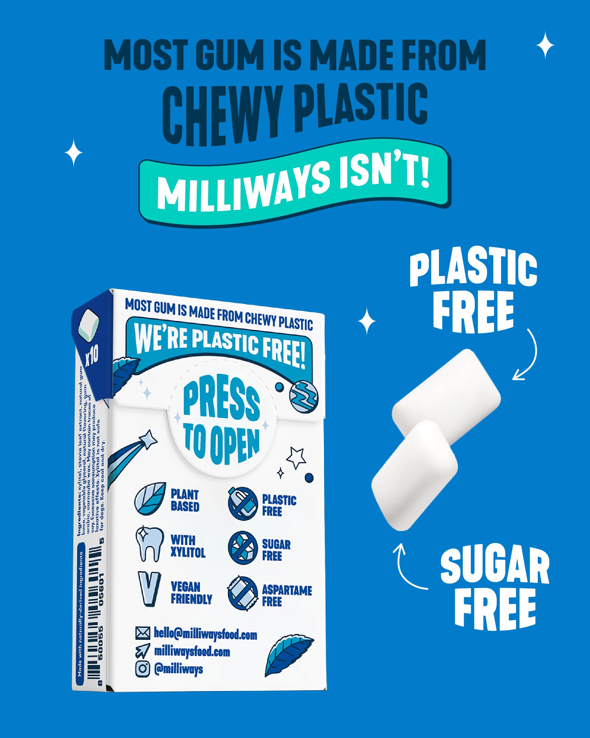 Milliways Mighty Mint | Plastic Free Gum | Xylitol, Aspartame-Free, Sugar-Free, Plant-Based, Natural Chewing Gum | 120 Pieces Total (12 Packs of 10