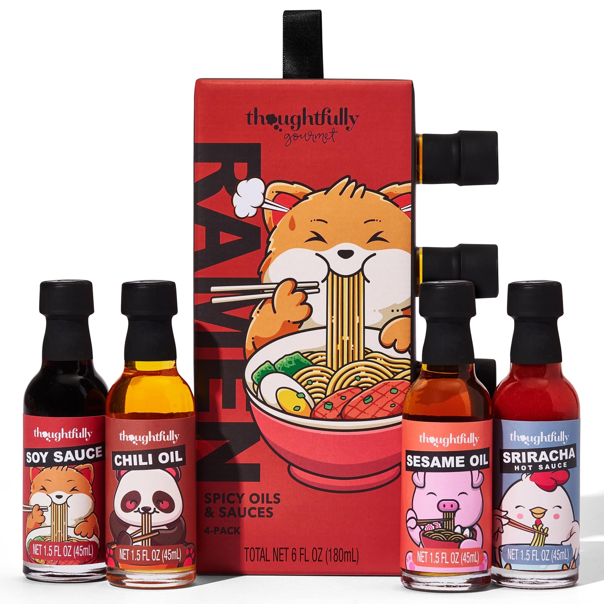 Thoughtfully Gourmet, Ramen Spicy Oils and Sauces, Includes Sesame Oil, Chili Oil, Soy Sauce, and Sriracha Flavored Seasonings, Set of 4