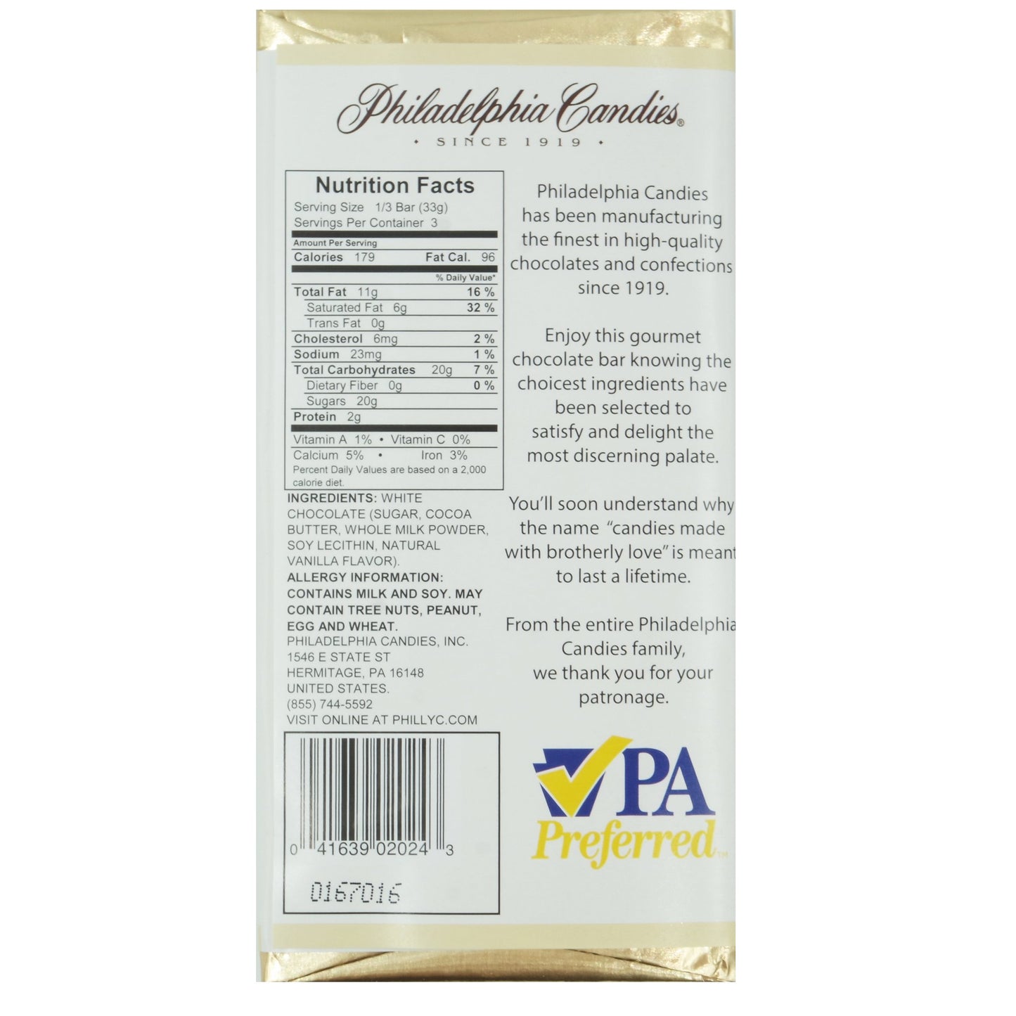 Philadelphia Candies White Chocolate Bar, 3.5-Ounce Packages (Pack of 2)