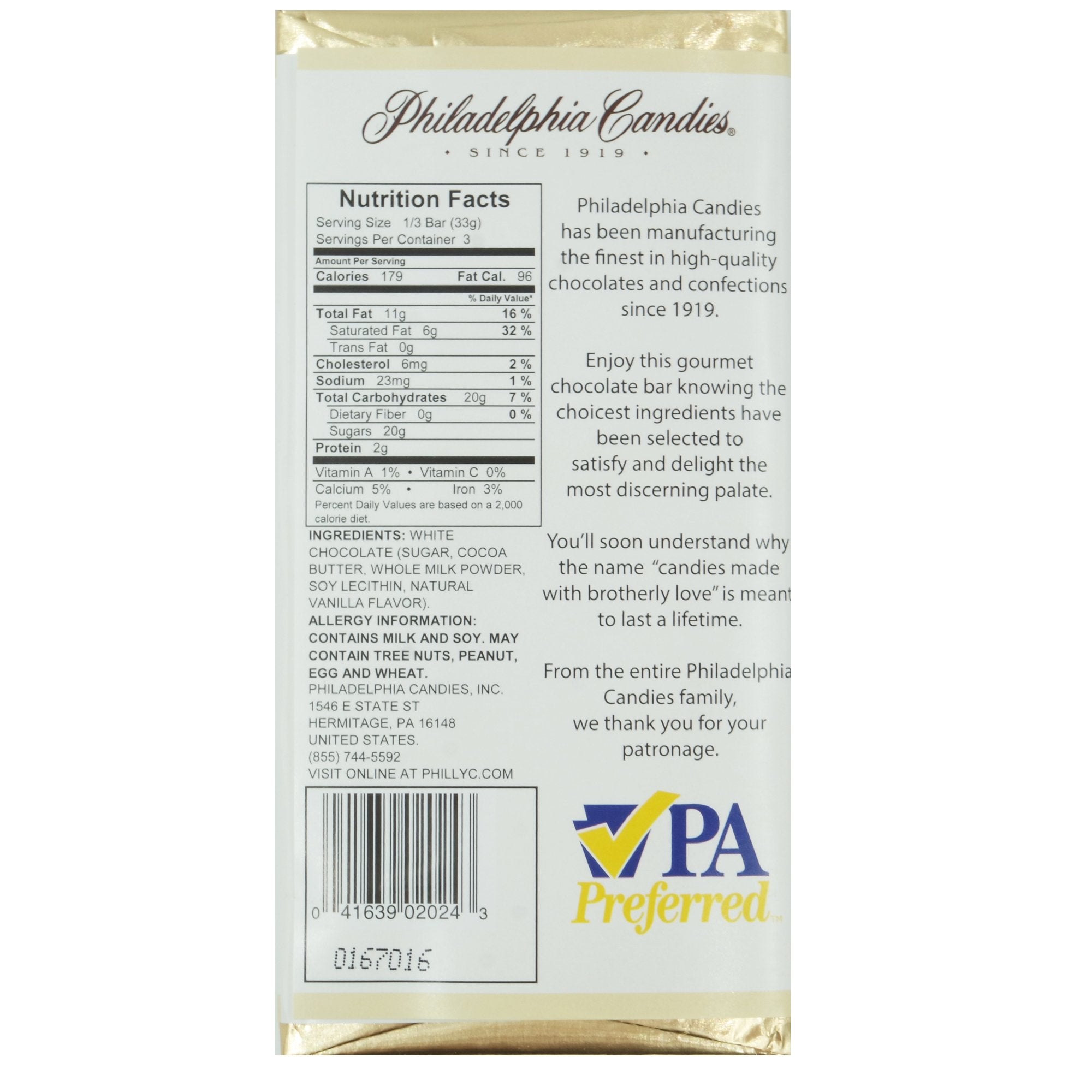 Philadelphia Candies White Chocolate Bar, 3.5-Ounce Packages (Pack of 2)
