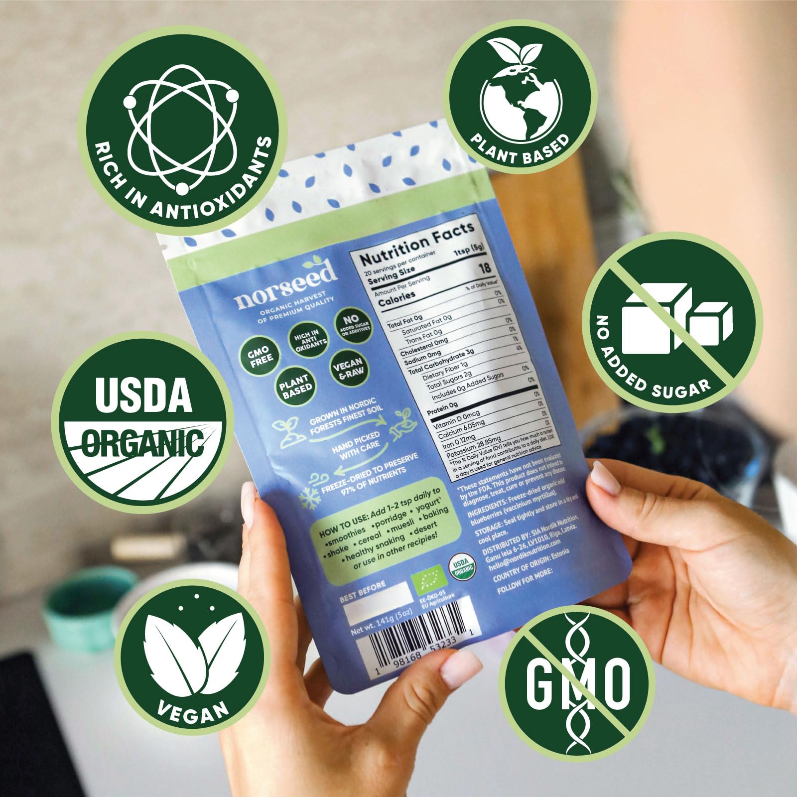 Wild Blueberry Powder Organic 5 Ounce Bag USDA Certified & Lab Tested - Freeze Dried Blueberries No Added Sugar, Additives, or Fillers - Antioxidant