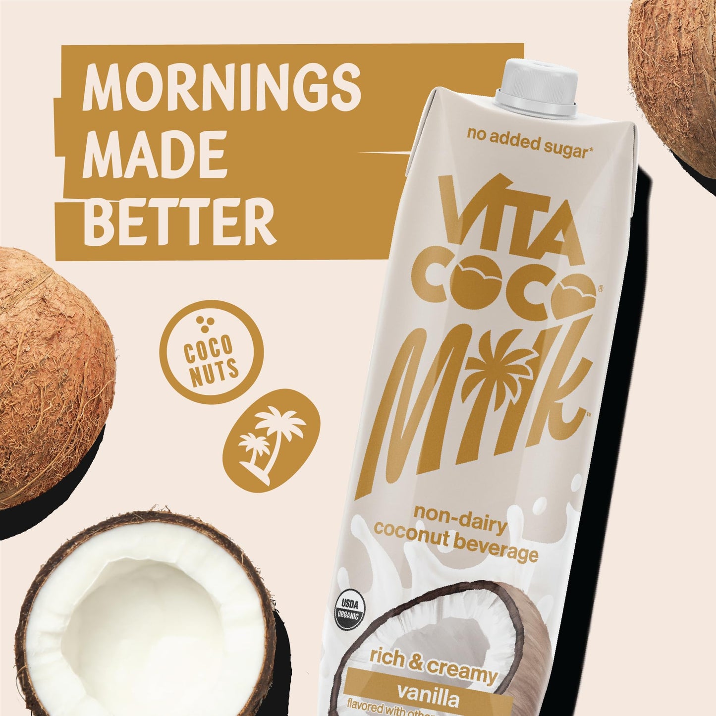 Vita Coco Vanilla Organic Coconut Milk, Plant Based, Dairy Free Milk Alternative - Gluten Free, Soy Free, Seed Oil Free, Unsweetened - Perfect Add to Cereal, Smoothies, Desserts - 33.8 Ounce (Pack of 6)