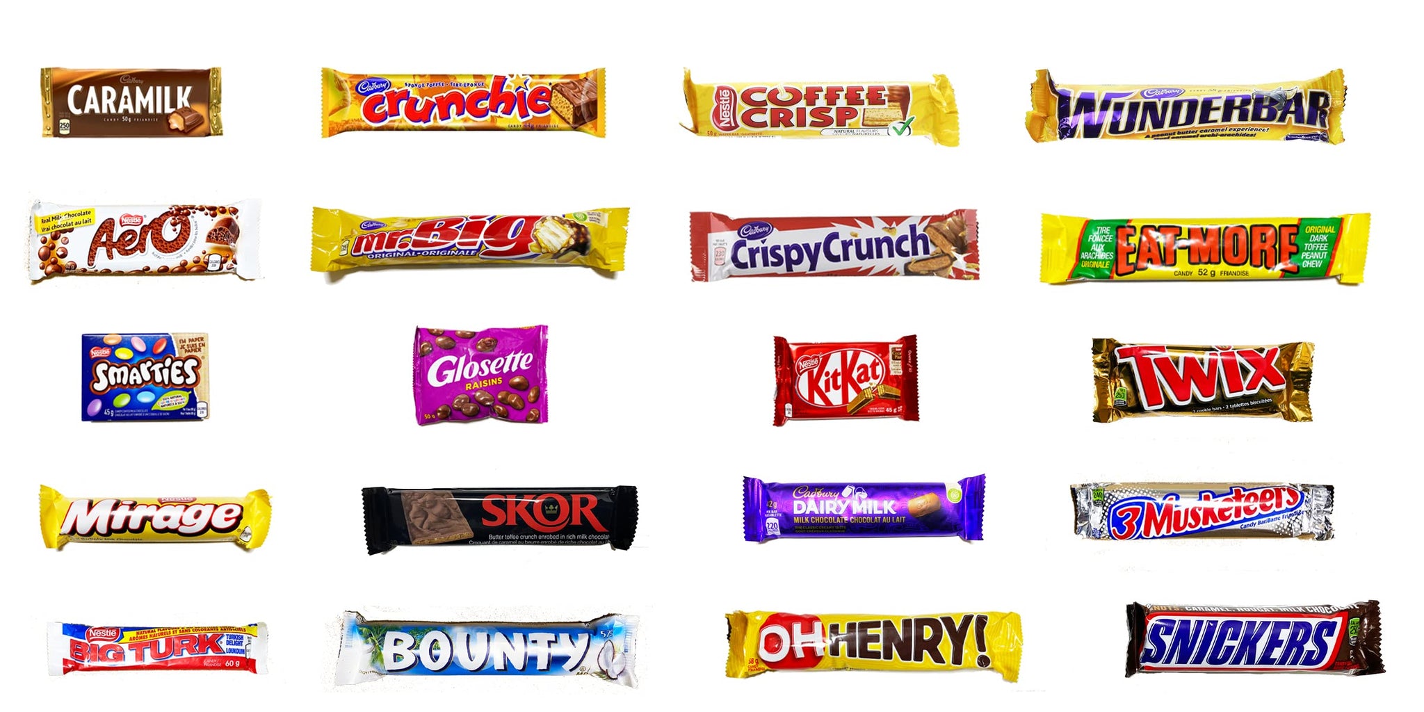 Variety To Go® Sorted and Packed Lot of 20 Top Canadian Chocolate Bars Coffee Crisp, Maltesers, Mirage, Eat-more and more Candy & Chocolate Bars