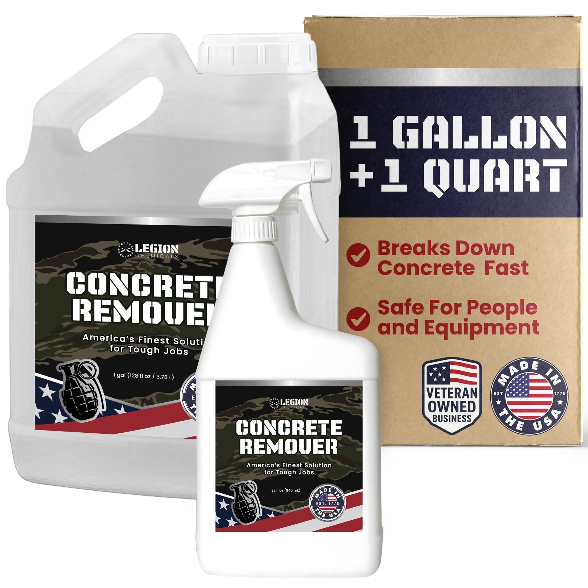 Legion Chemicals Heavy Concrete Remover Bundle - Non-Corrosive Acid Alternative Dissolves Hardened Concrete, Safe on Metal & Paint, 1 Quart Spray + 1