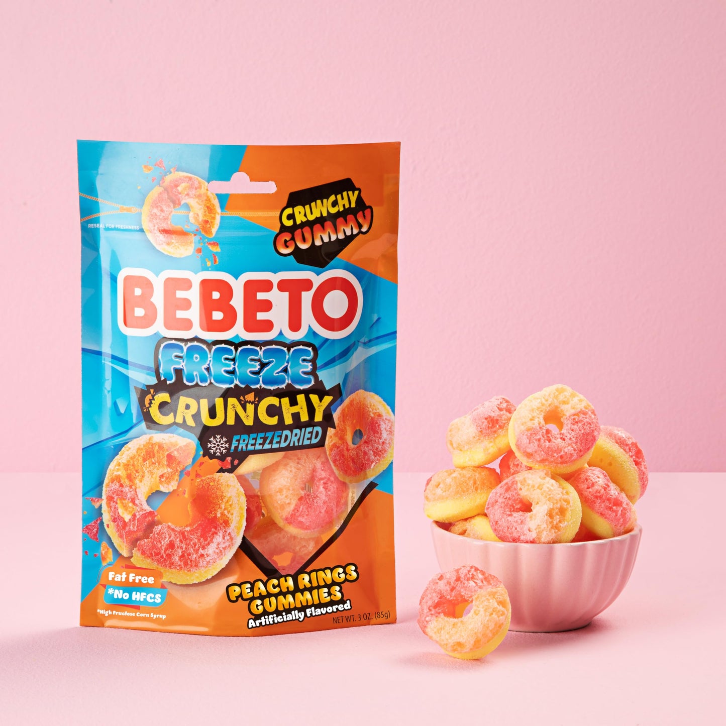 Bebeto Freeze Dried Crunchy Peach Rings - Sweet, Crunchy Fat Free & Peanut Free Freeze Dried Candy - No High Fructose Corn Syrup - Resealable Bag