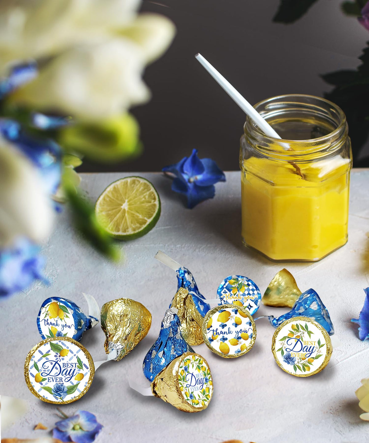 300 Pcs Capri Lemon Wedding Kiss Sticker Labels, Lemon Blue Tiles Round Candy Stickers for Bridal Baby Shower Birthday Party, Summer Italian Style