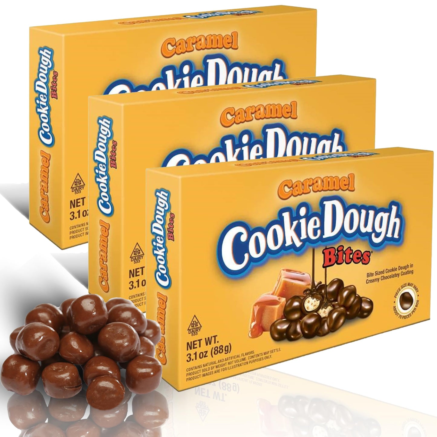 Cookie Dough Bites Caramel Flavored Candy | 3.1 oz (Pack of 3) | The Original Edible Cookie Dough | Movie Theater Candy