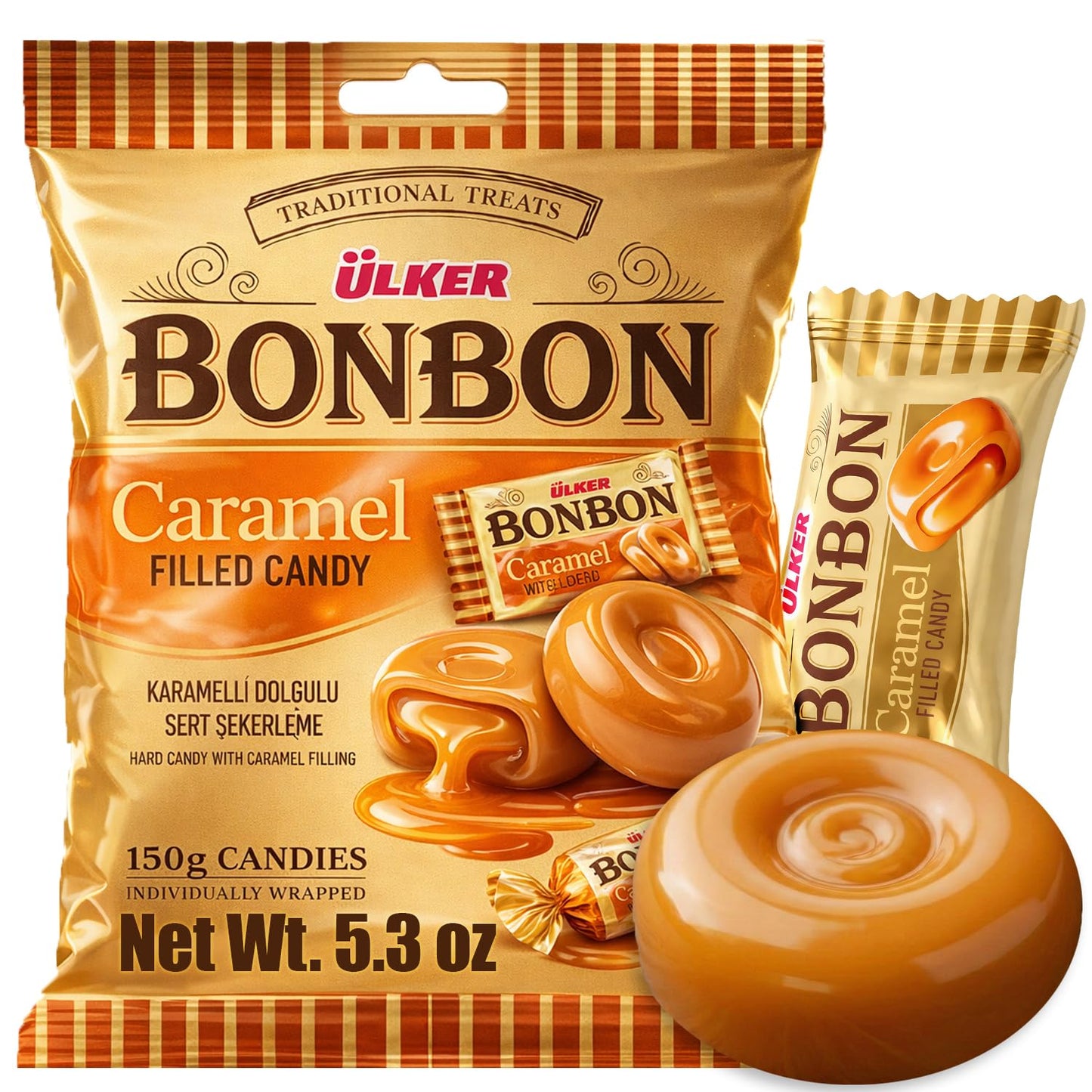 Ceres Gourmet Bonbon Cream Filled Caramel Hard Candy, Individually Wrapped Caramel Candy, Classic Turkish Caramel Treat, 150g Bags (Pack of 6), Bulk