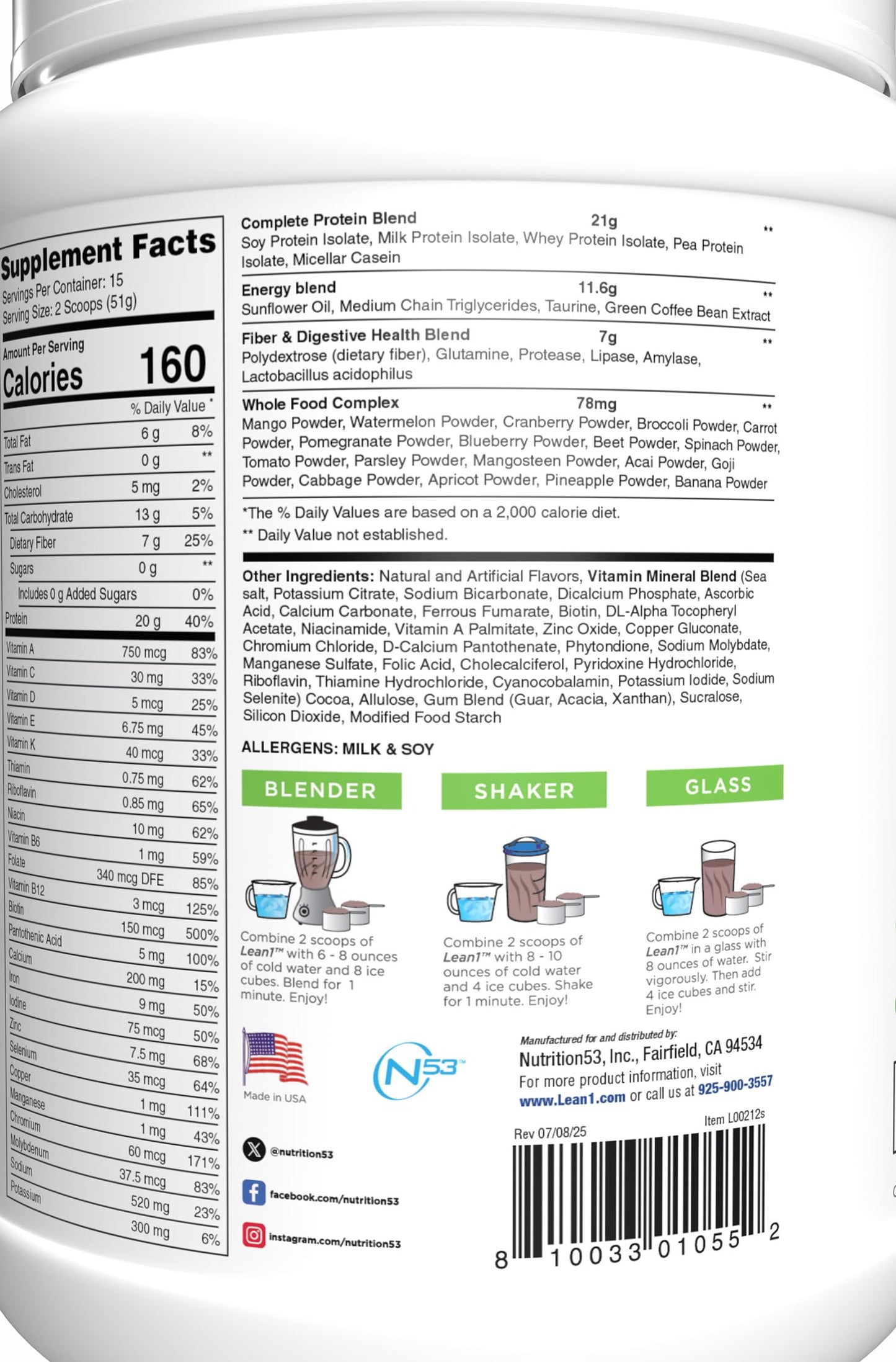 N53 Lean1 Meal Replacement Protein Powder, Cookies and Cream Flavor, 15 Serving tub, No Sugar Added