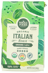 Whole Foods Market, Organic Ground Coffee, Dark Italian Roast, Bittersweet, Rich & Velvety, 12 Ounce