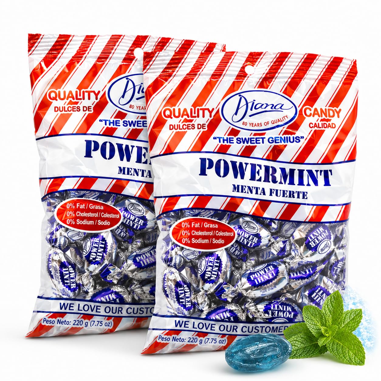 Diana Power Mint - Powerful Breath Mints Individually Wrapped - 220g Hard Candy Pouch (Pack of 2)