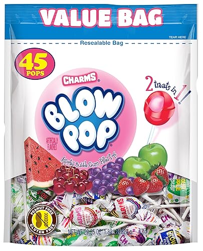 Charms Blow Pop Lollipops - Individually Wrapped Dual Candy and Gum Suckers - Peanut Free, Gluten Free - Bulk Treat for Kids and Adults - Assorted