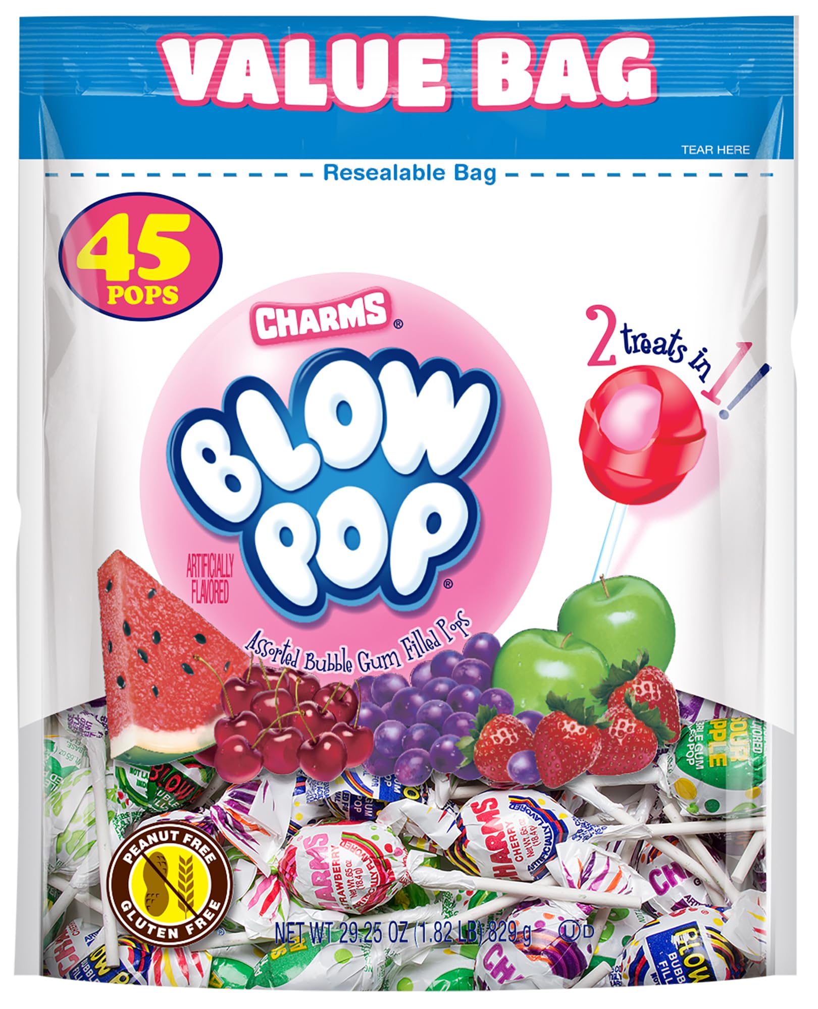 Charms Blow Pop Lollipops - Individually Wrapped Dual Candy and Gum Suckers - Peanut Free, Gluten Free - Bulk Treat for Kids and Adults - Assorted