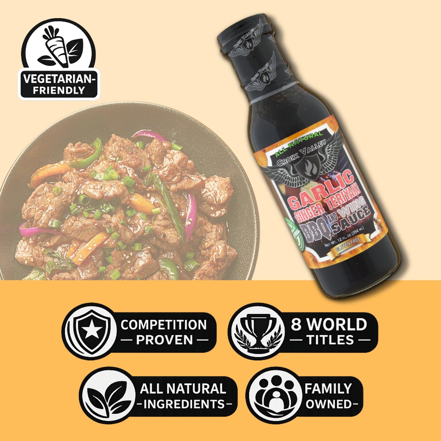 Croix Valley Garlic Ginger Teriyaki BBQ & Wing Sauce - 3 Pack (12 oz Glass Bottles) - Bold Garlic & Ginger with Rich Teriyaki Sweetness - Gluten-Free
