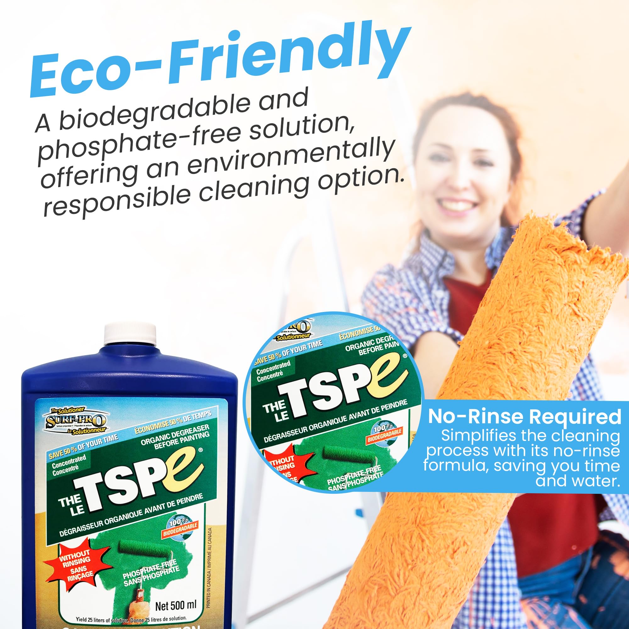 SURF PRO TSP e Organic Degreaser - Phosphate-Free, 500ml Concentrate Makes 6.6 Gal (25L) Solution - Biodegradable Cleaner for Walls, Trim, Siding - No