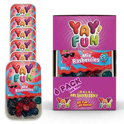 Halal Mix Raspberry Gummy | 6 Pack Bundle (6x7 oz Tubs) | Soft & Chewy Red & Blue Raspberry Gummies | Resealable Tubs in Bulk with Display Box | Halal
