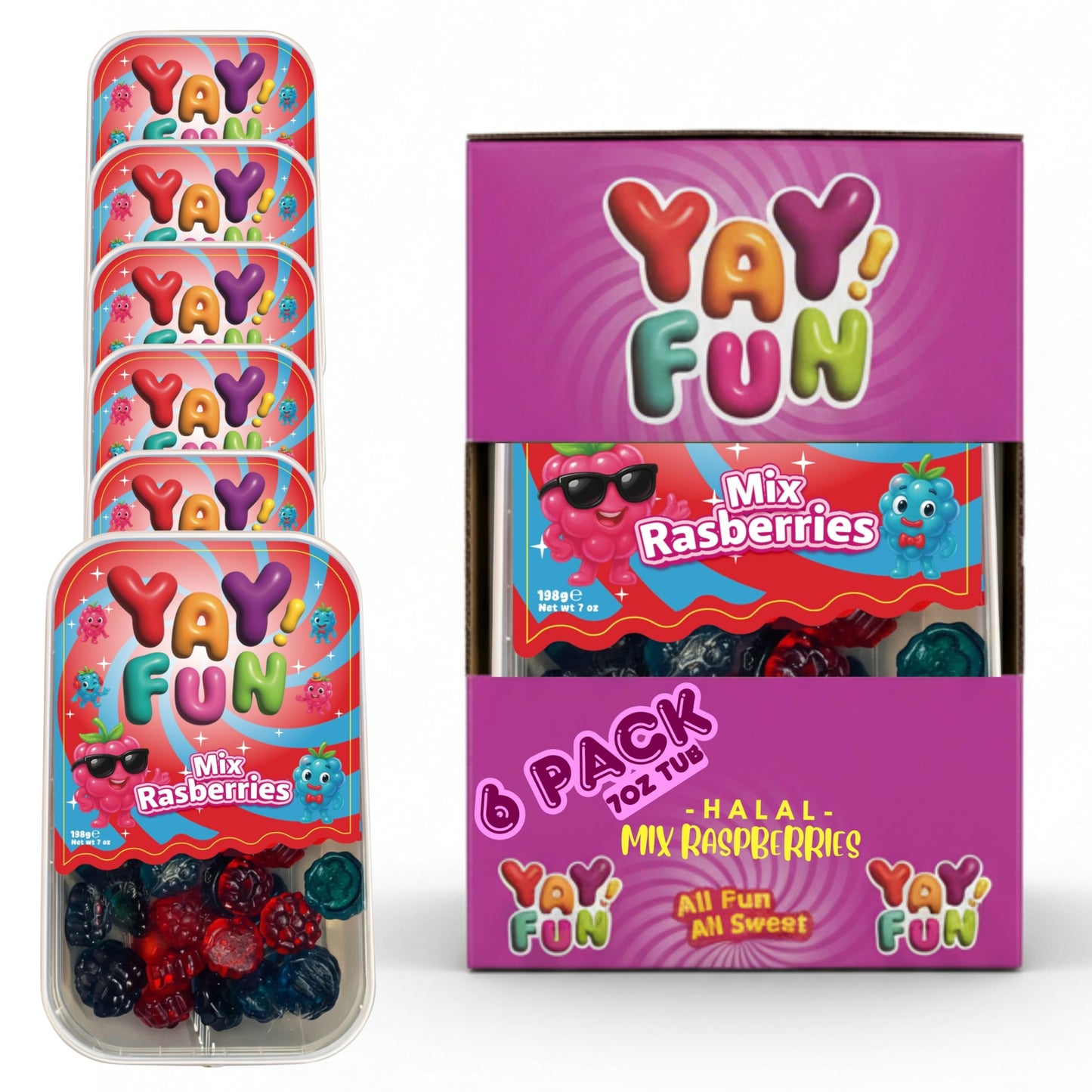 Halal Mix Raspberry Gummy | 6 Pack Bundle (6x7 oz Tubs) | Soft & Chewy Red & Blue Raspberry Gummies | Resealable Tubs in Bulk with Display Box | Halal