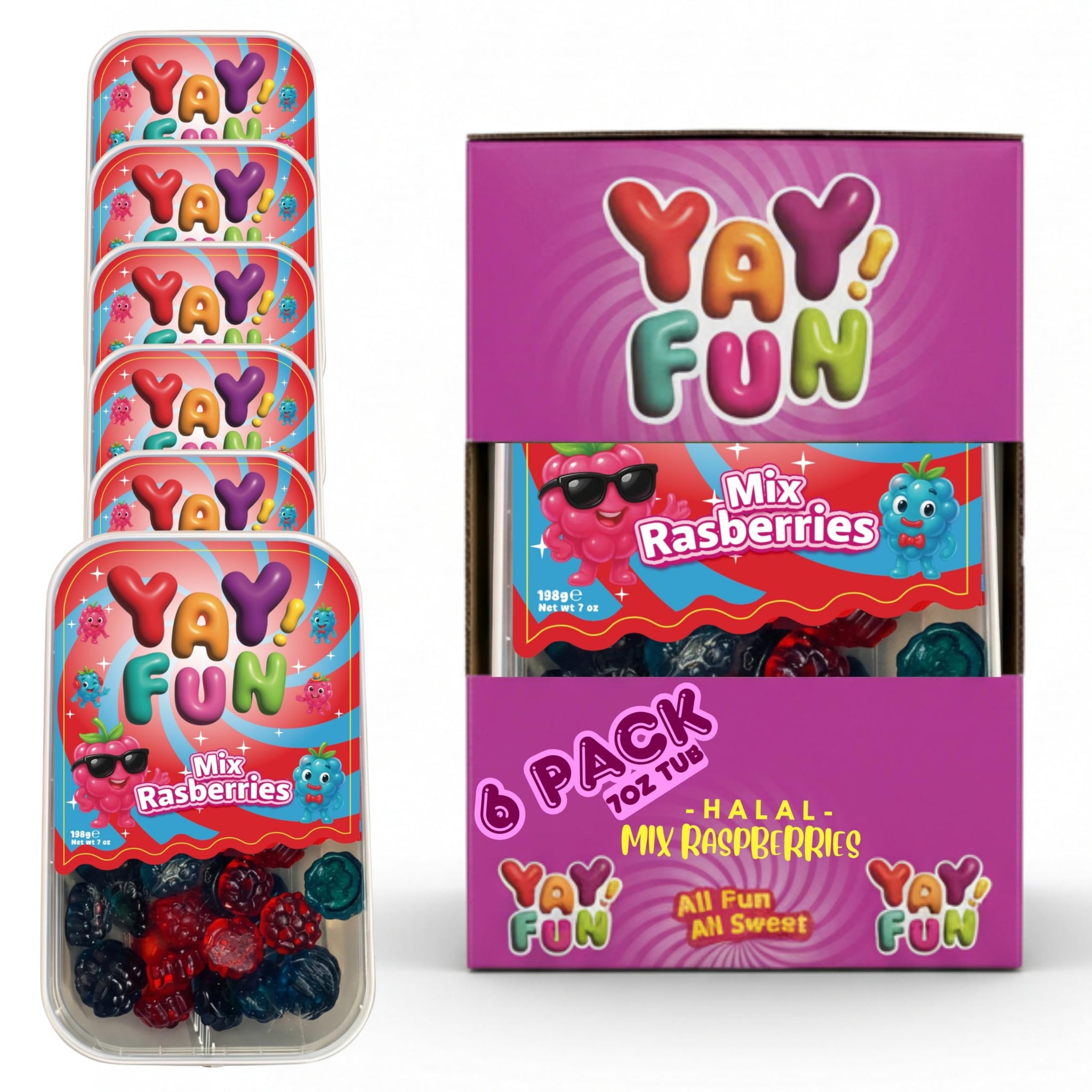 Halal Mix Raspberry Gummy | 6 Pack Bundle (6x7 oz Tubs) | Soft & Chewy Red & Blue Raspberry Gummies | Resealable Tubs in Bulk with Display Box | Halal