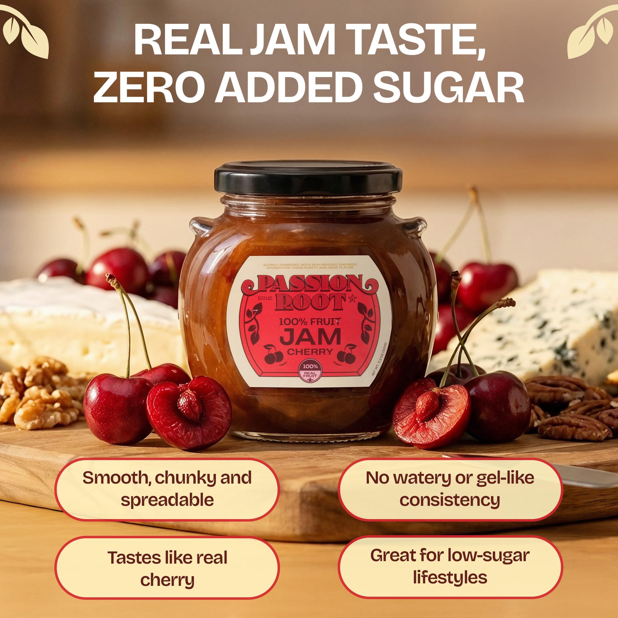 Passion Root Cherry Jam | All Natural Cherry Preserves with Real Fruit | No Added Sugar, No Preservatives, Non GMO, Gluten Free, Kosher Certified |