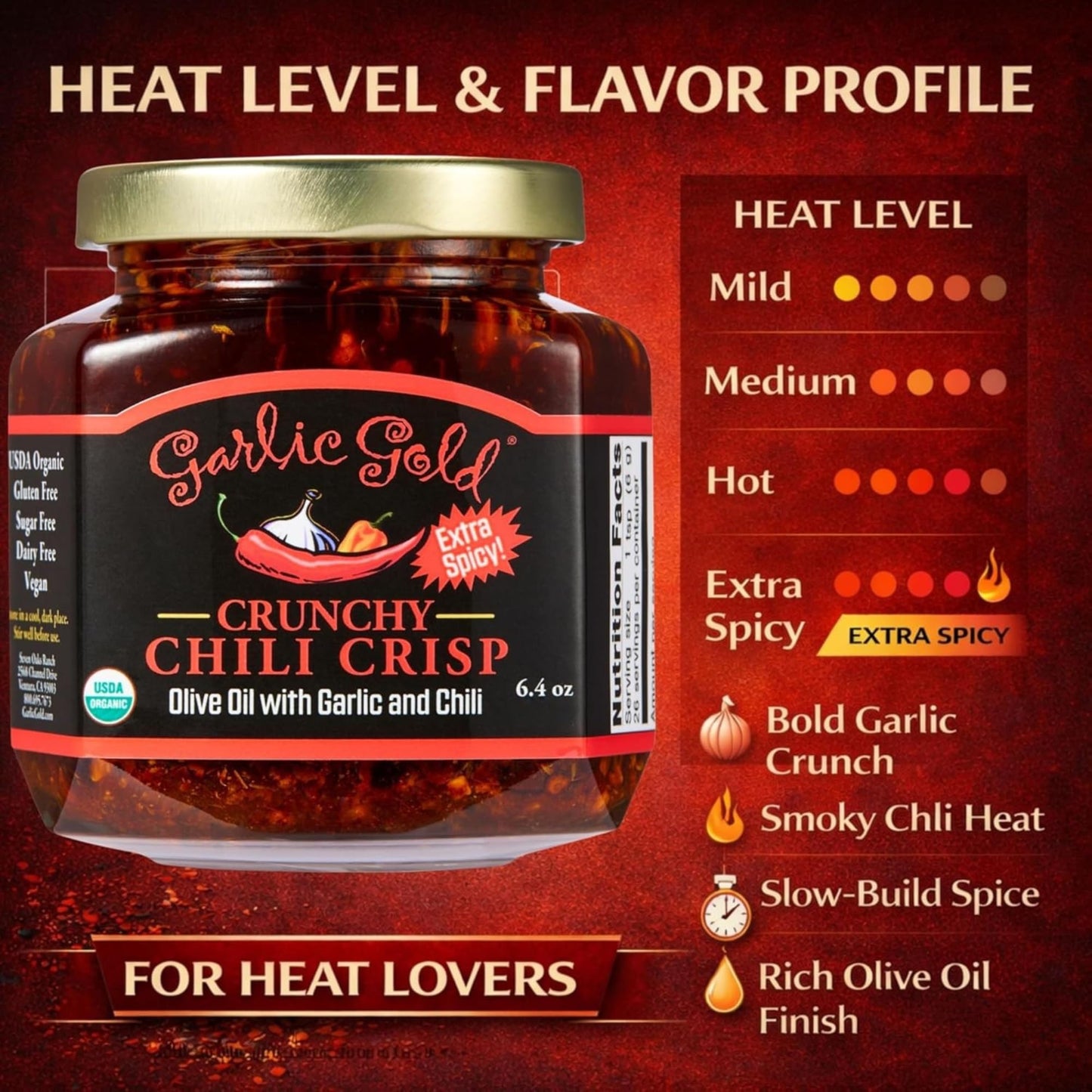 Garlic Gold Organic Extra Spicy Crunchy Chili Crisp | Olive Oil Infused with Garlic & Chili | USDA Organic, Gluten-Free, Keto-Friendly (6.4 oz)