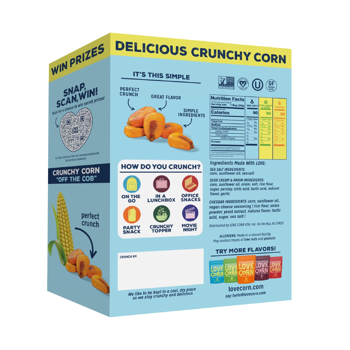 LOVE CORN Variety Pack - Sea Salt, Sour Cream & Onion, Cheddar - Crunchy Roasted Corn Snack, Gluten Free, Vegan - Alternative to Chips, Nuts
