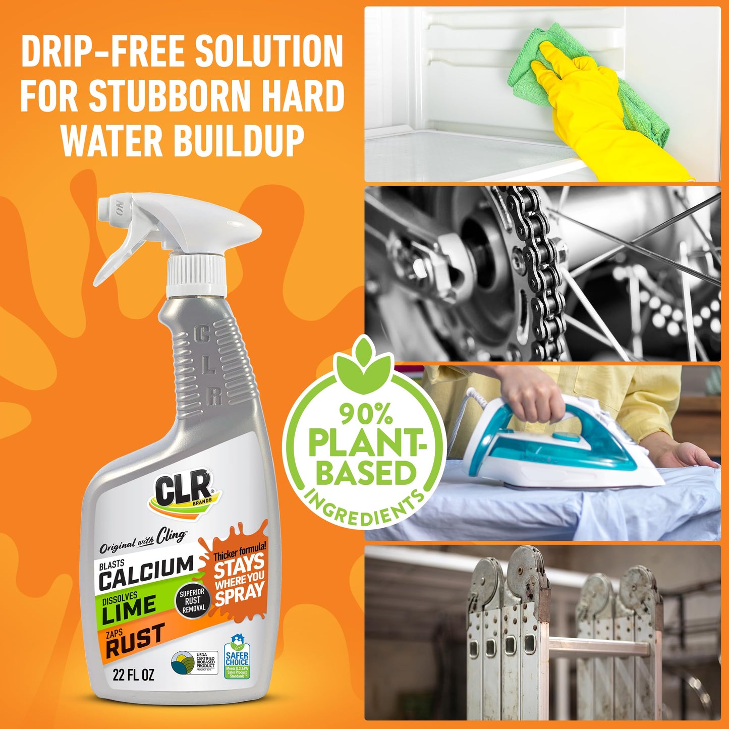 CLR Brands Calcium, Lime & Rust Remover with Cling, 22 oz. Spray Bottle, Adheres to Hard-to-Reach Surfaces, Blasts Calcium, Dissolves Lime Deposits