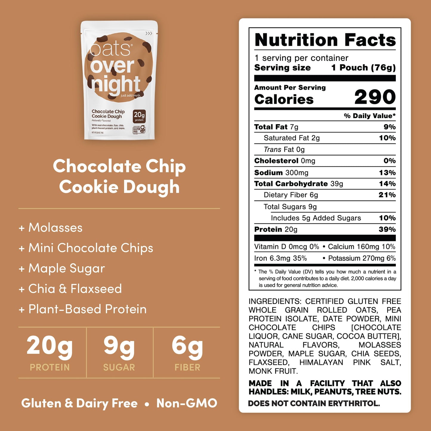 Oats Overnight - Chocolate Chip Cookie Dough - Vegan, 20g Protein, High Fiber Breakfast Shake - Gluten Free, Non GMO Oatmeal (2.6 oz per meal) (8