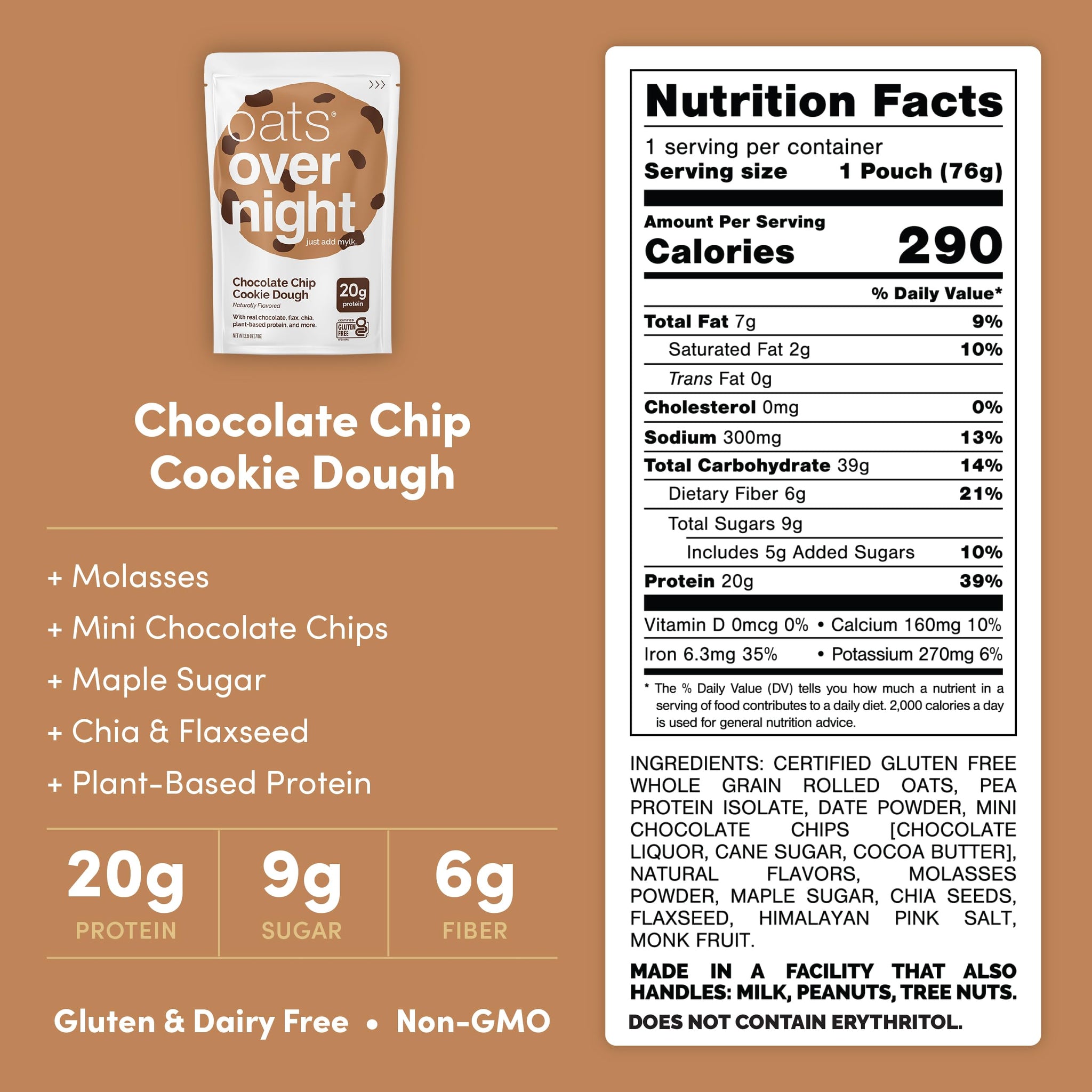 Oats Overnight - Chocolate Chip Cookie Dough - Vegan, 20g Protein, High Fiber Breakfast Shake - Gluten Free, Non GMO Oatmeal (2.6 oz per meal) (8