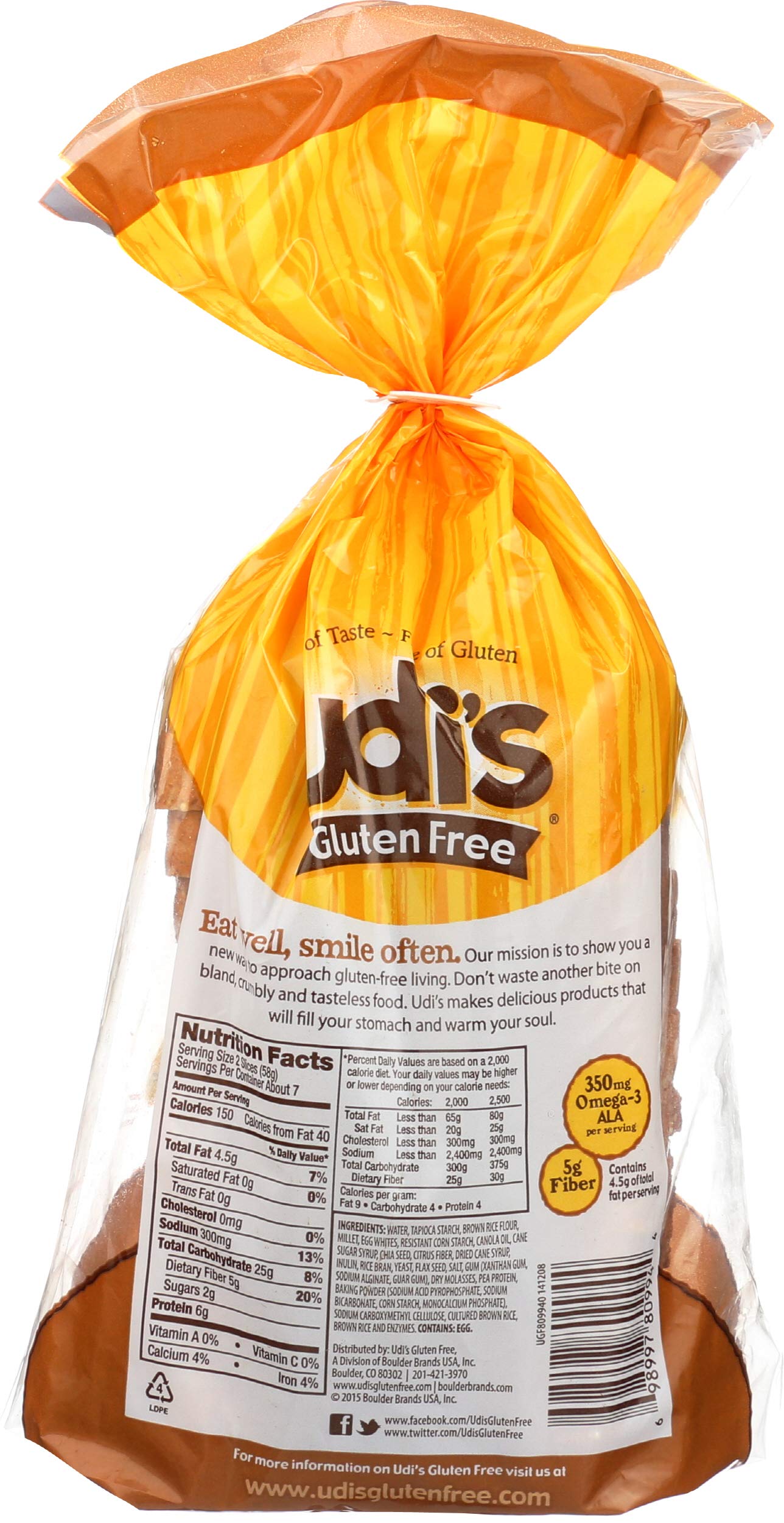 Udis Gluten Free Foods, Bread Millet Chia Gluten-Free, 14.3 Ounce