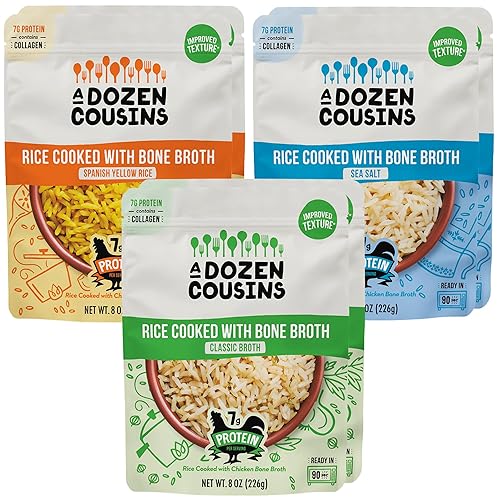 A Dozen Cousins Bone Broth Rice Variety 6pk, Ready to Eat Seasoned High Protein Rice, Clean Ingredients, Sea Salt, Classic, Spanish, Easy Side Dish