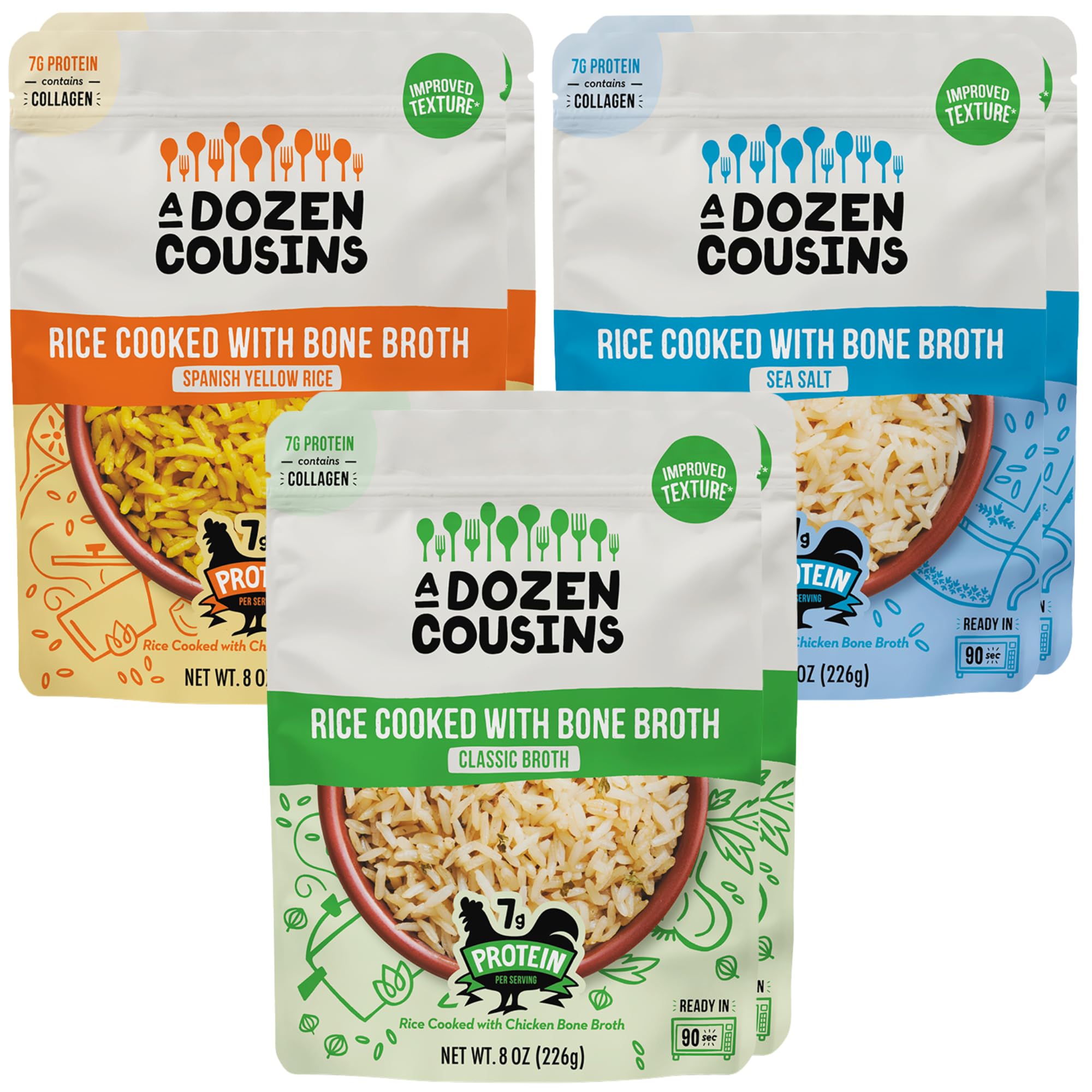 A Dozen Cousins Bone Broth Rice Variety 6pk, Ready to Eat Seasoned High Protein Rice, Clean Ingredients, Sea Salt, Classic, Spanish, Easy Side Dish