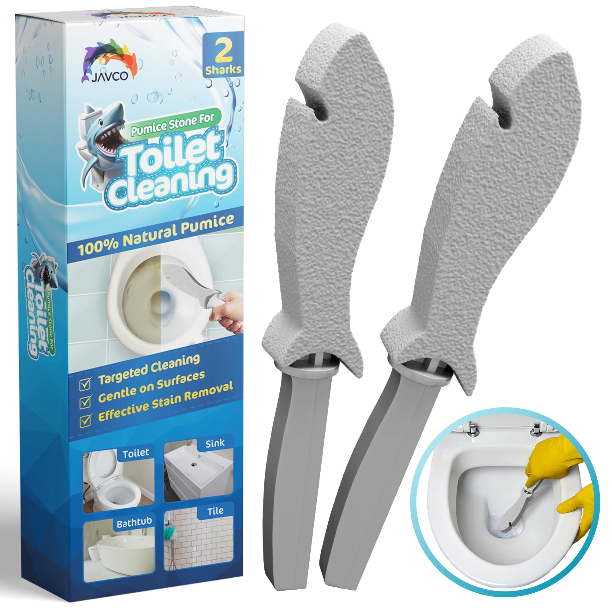 JAVCO Pumice Stone for Cleaning with Handle (2 Pack) - Scrubbing Stone for Porcelain, Ceramic and Tile, Pumiceshark for Toilet Cleaning (2, small